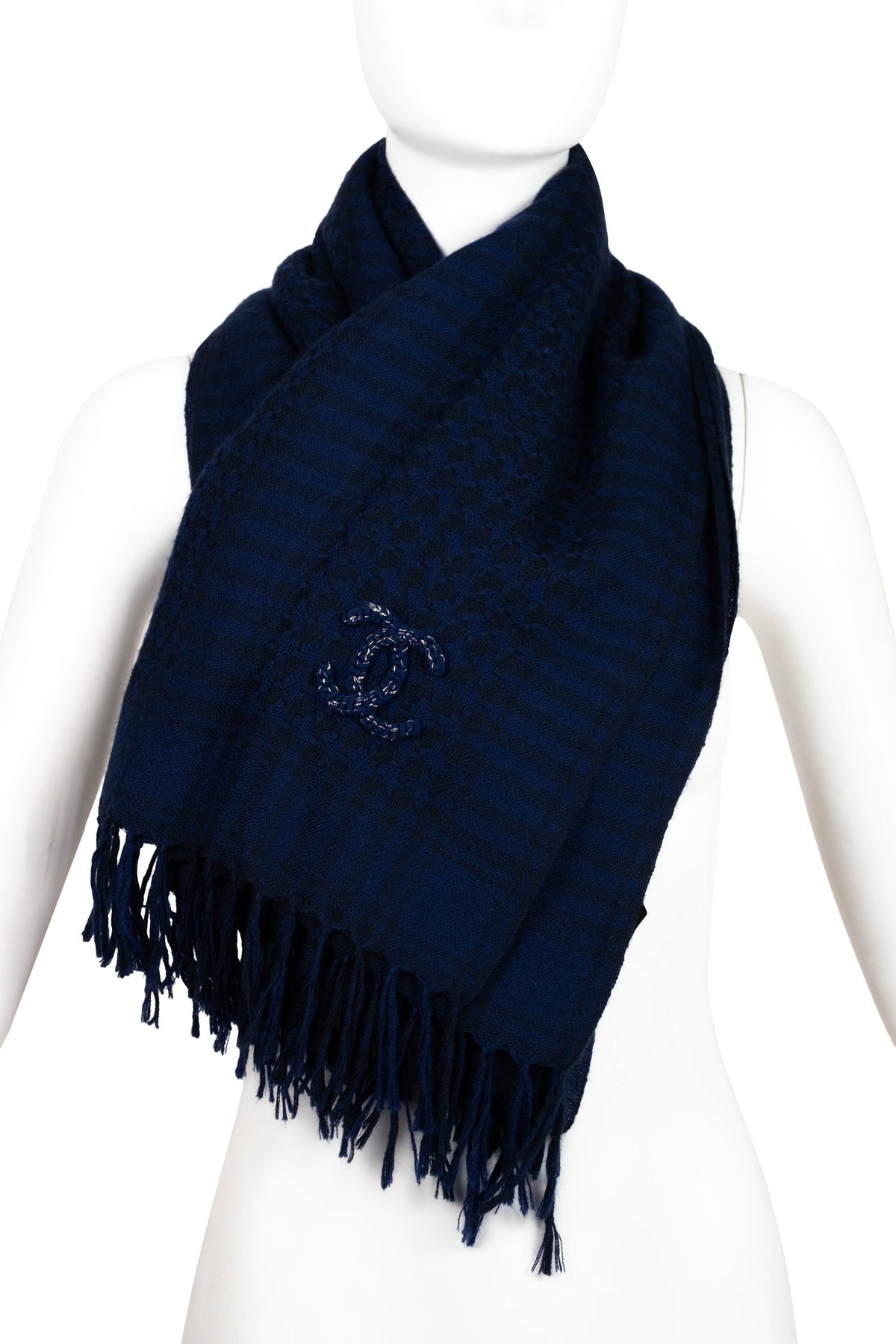Chanel Navy Blue Cashmere Fringed Oblong Scarf