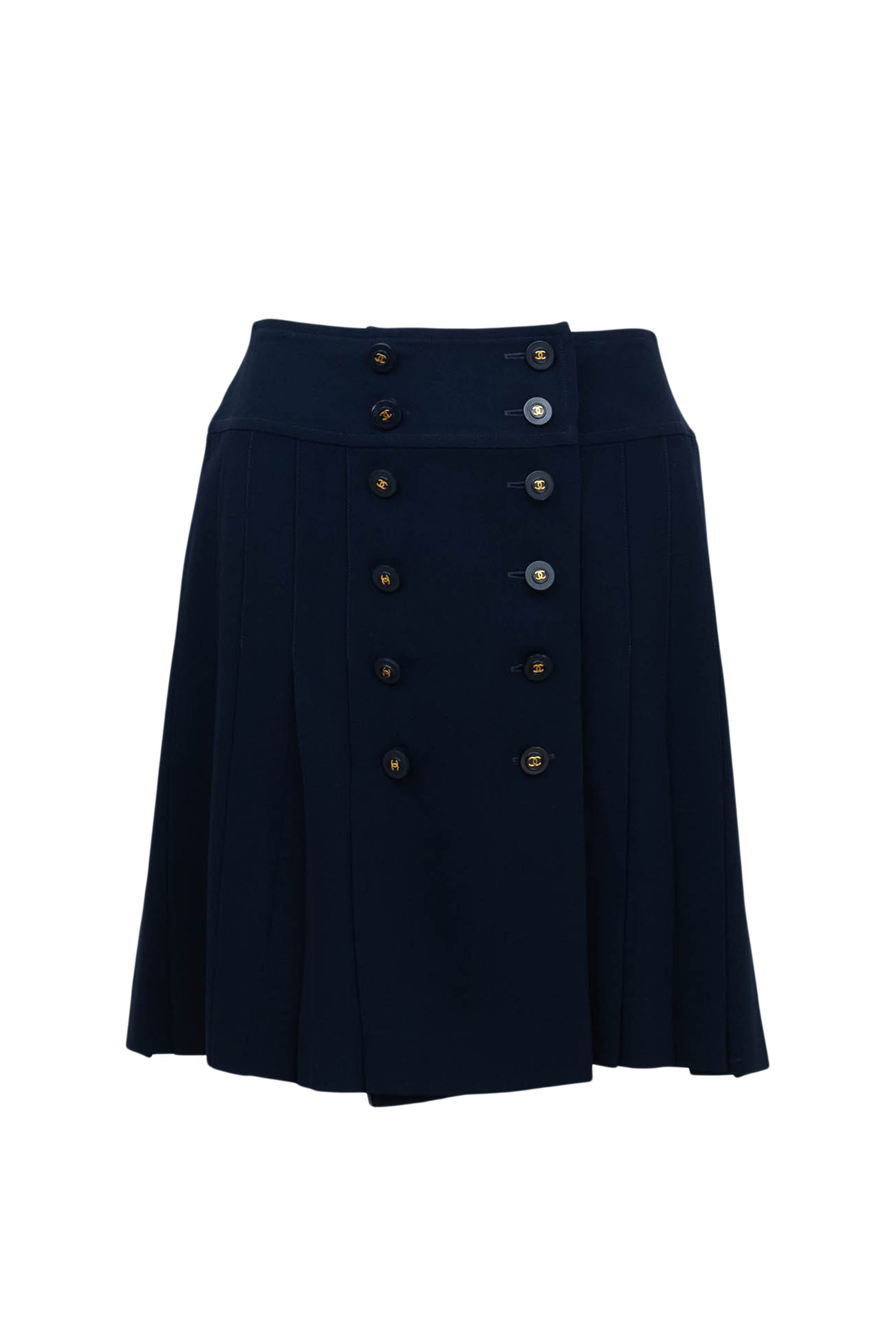 CHANEL BOUTIQUE ネイビー スカート Chanel Navy Blue Pleated Double Button Front Size Small - Foxy