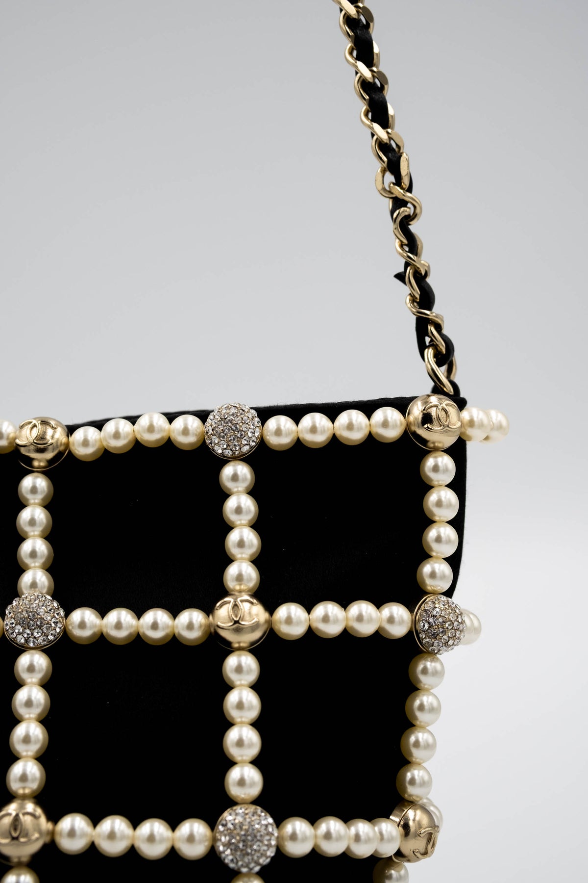 Chanel Black Pearl CC Crystal Cage Satin Evening Bag 2021