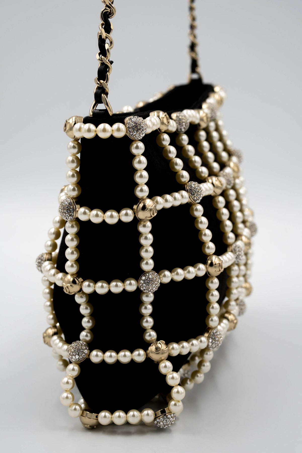 Chanel Black Pearl CC Crystal Cage Satin Evening Bag 2021