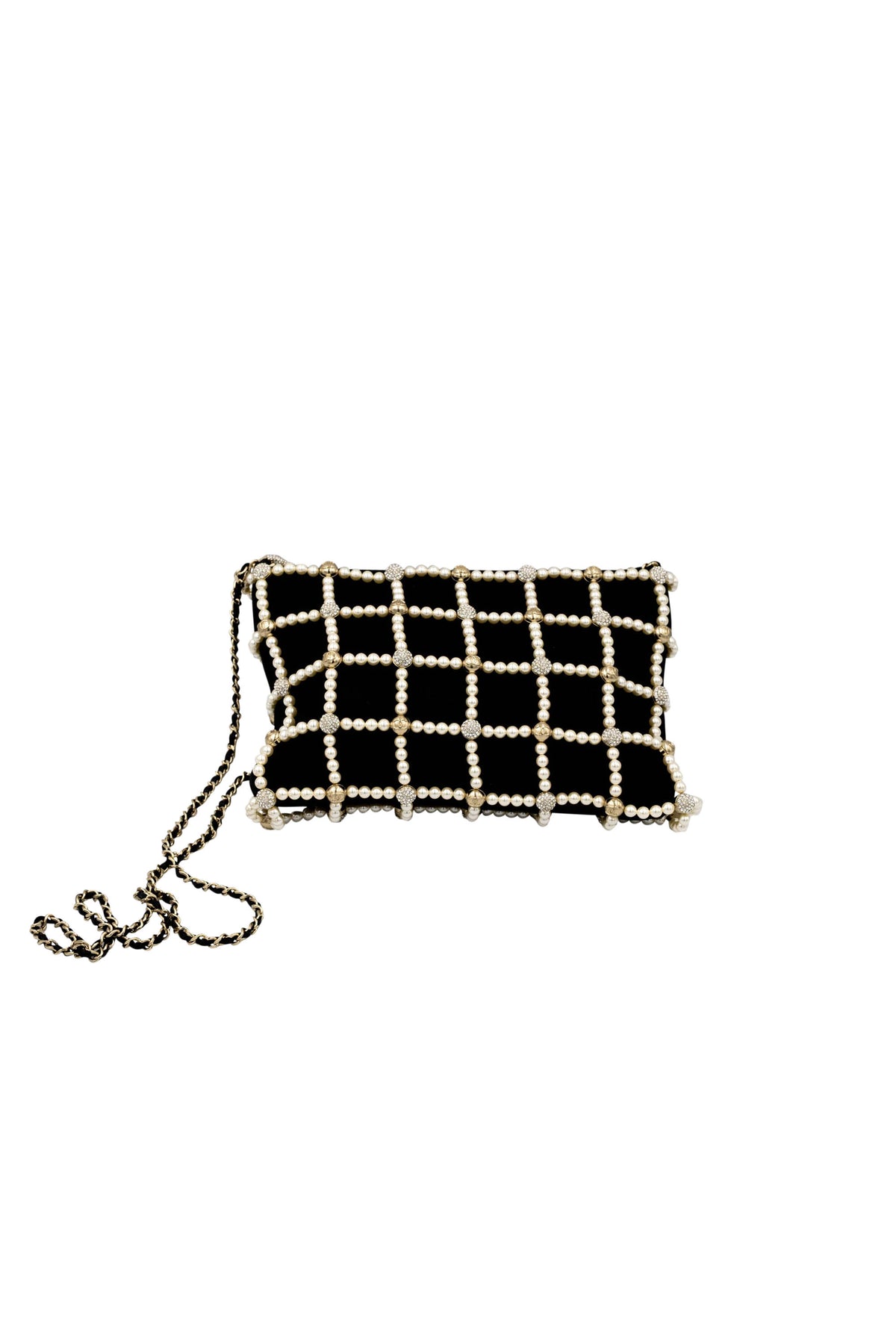 Chanel Black Pearl CC Crystal Cage Satin Evening Bag 2021