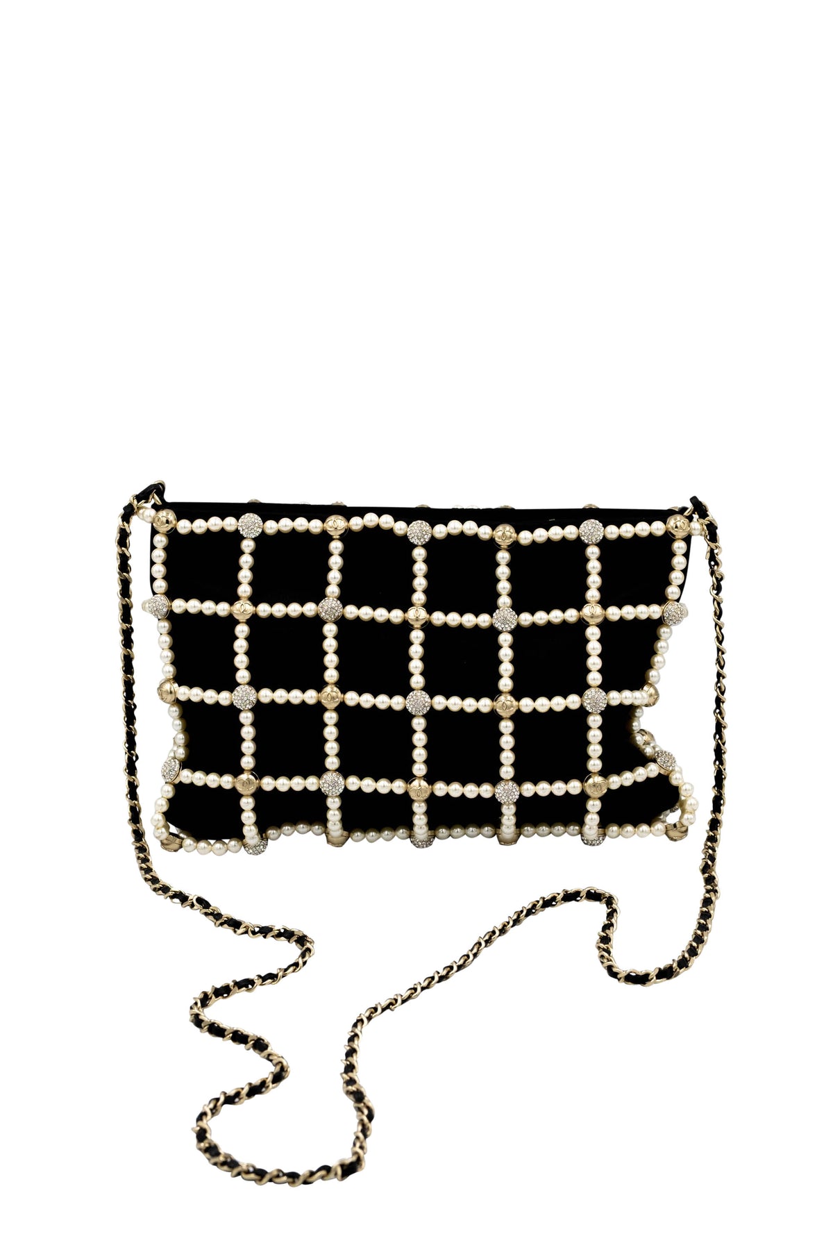Chanel Black Pearl CC Crystal Cage Satin Evening Bag 2021
