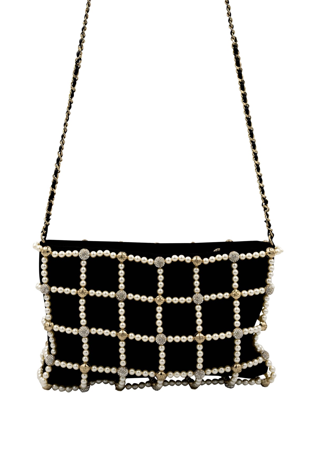 Chanel Black Pearl CC Crystal Cage Satin Evening Bag 2021