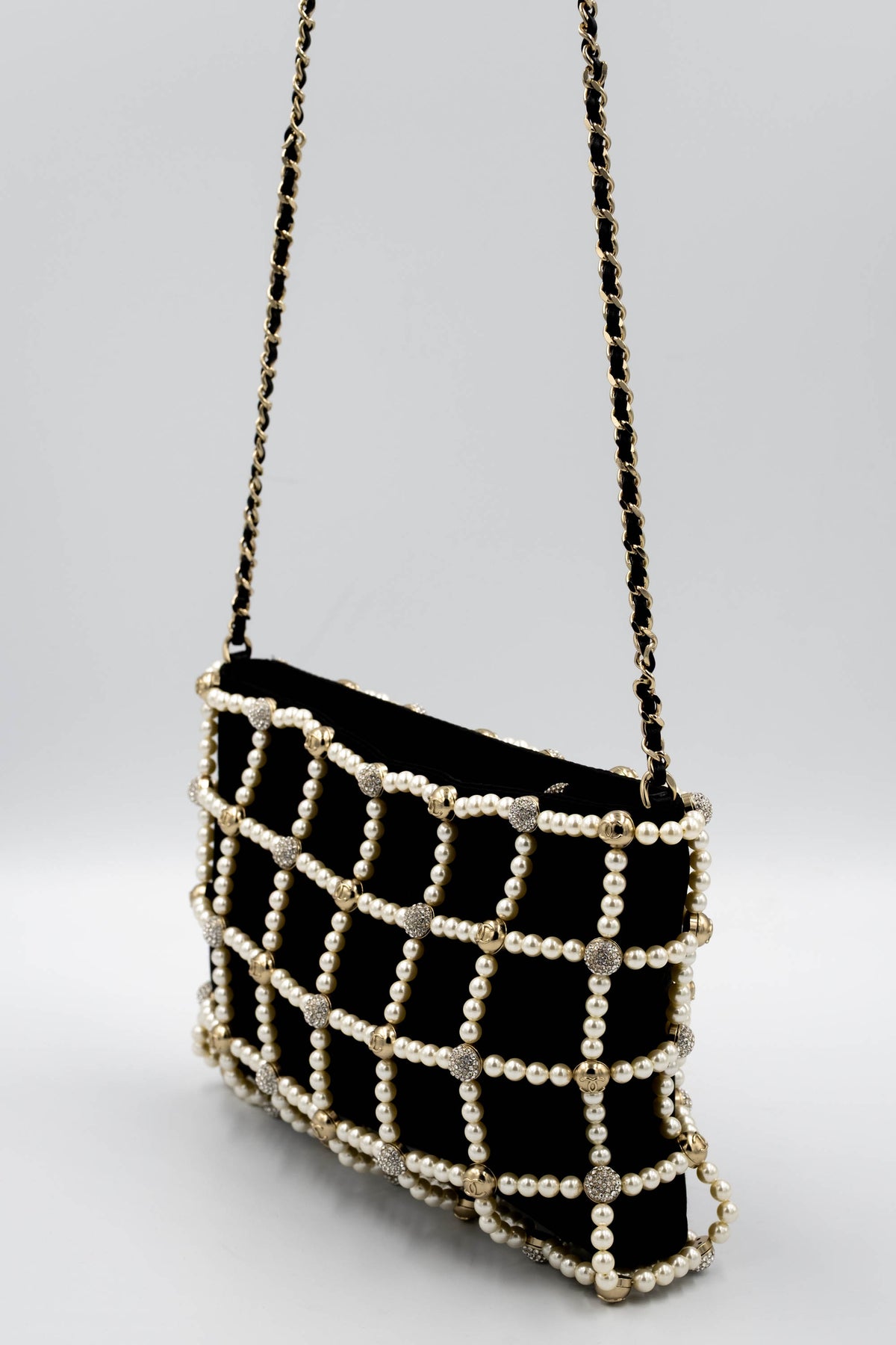 Chanel Black Pearl CC Crystal Cage Satin Evening Bag 2021