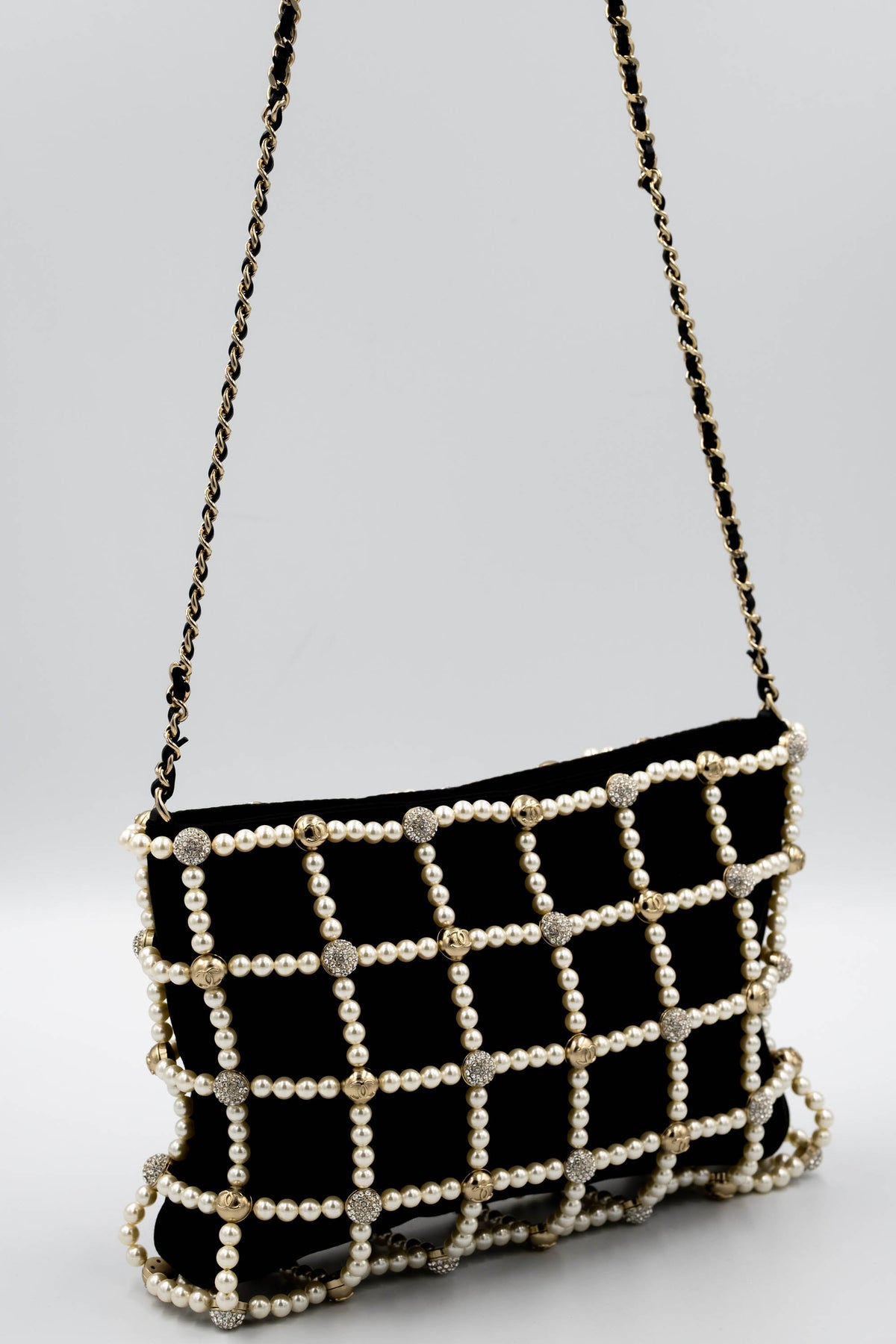 Chanel Black Pearl CC Crystal Cage Satin Evening Bag 2021