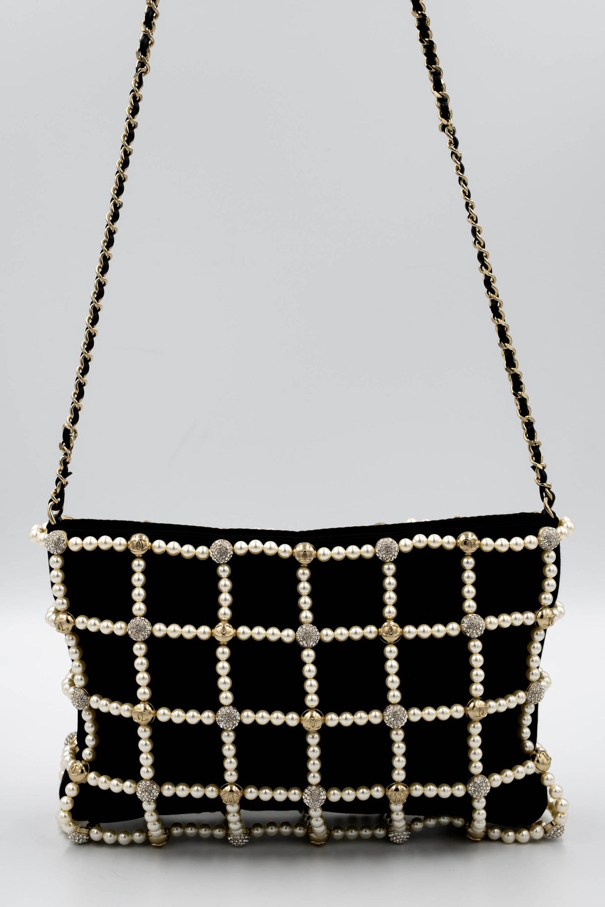Chanel Black Pearl CC Crystal Cage Satin Evening Bag 2021