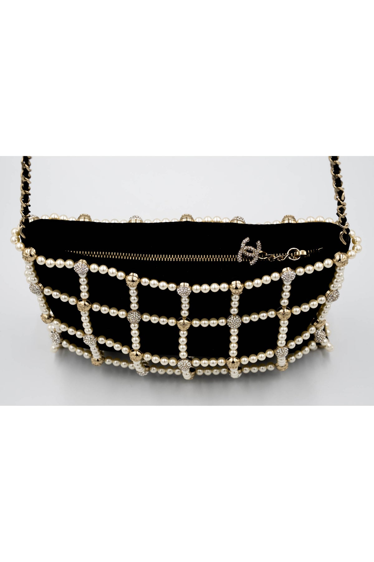 Chanel Black Pearl CC Crystal Cage Satin Evening Bag 2021