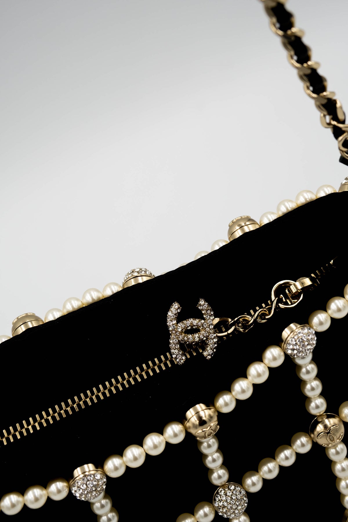 Chanel Black Pearl CC Crystal Cage Satin Evening Bag 2021