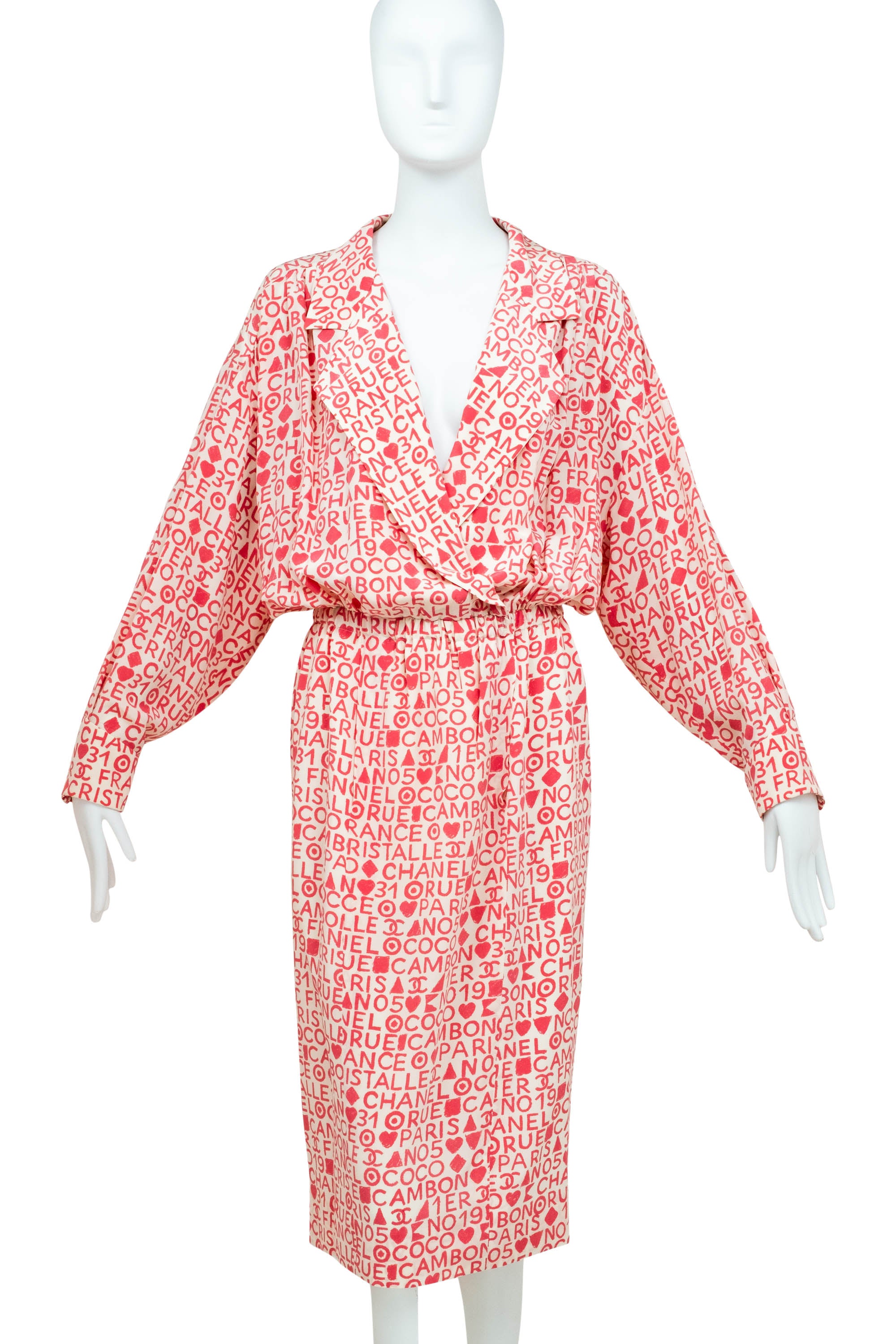 Chanel Pink and White Coco Print Dress 1980's Size M/L