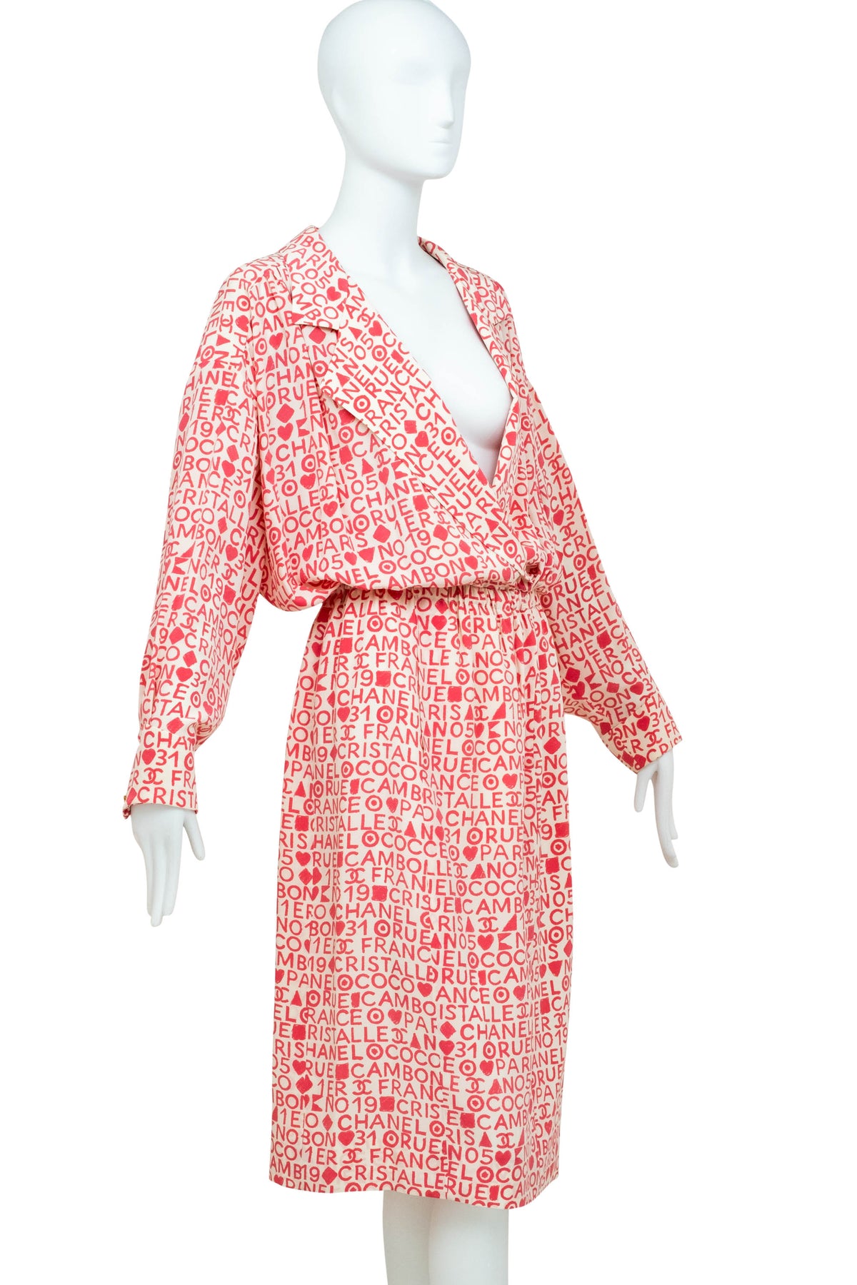 Chanel Pink and White Coco Print Dress 1980's Size M/L