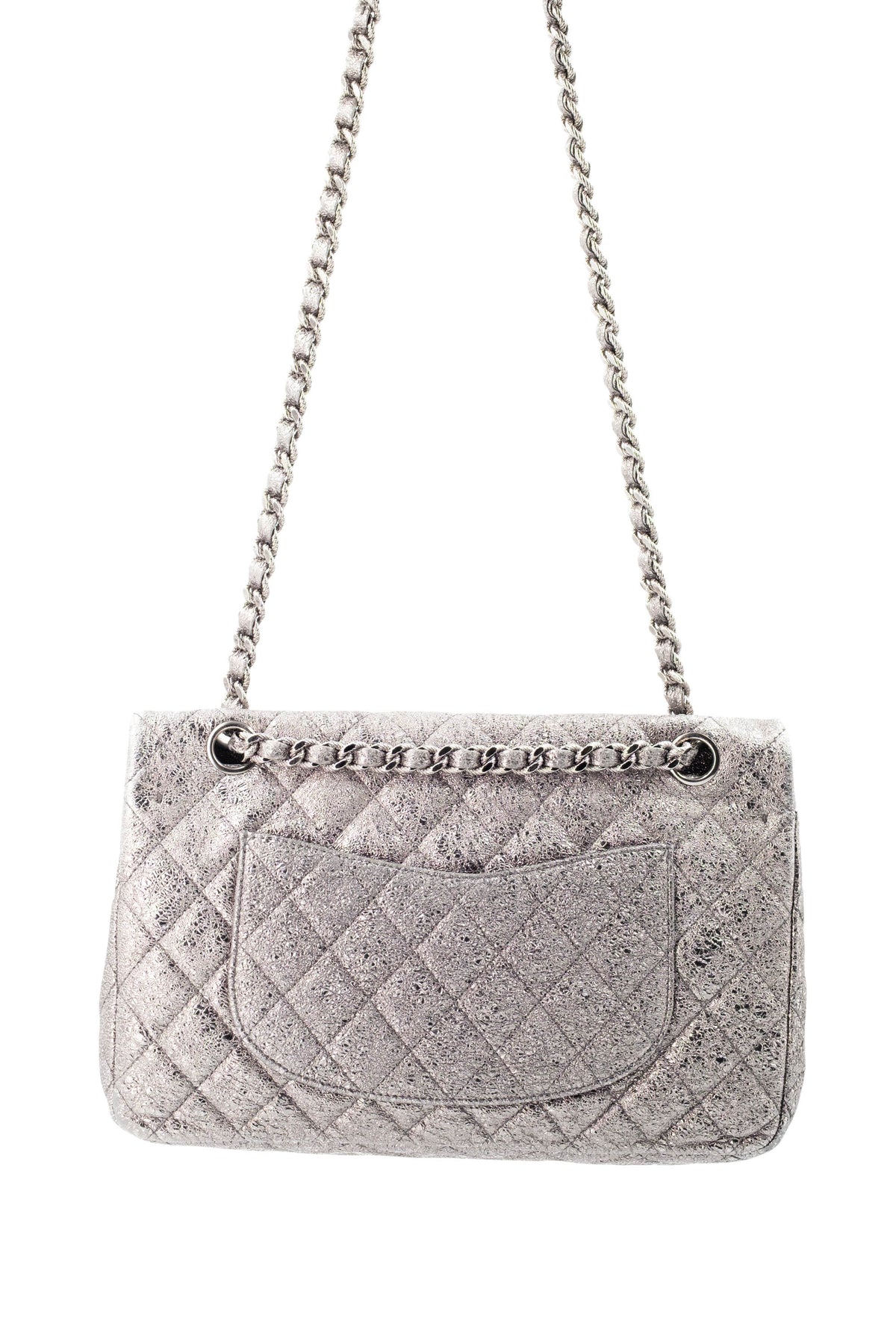Chanel Silver Metallic Leather Classic Double Flap Purse Size Medium 2006-8
