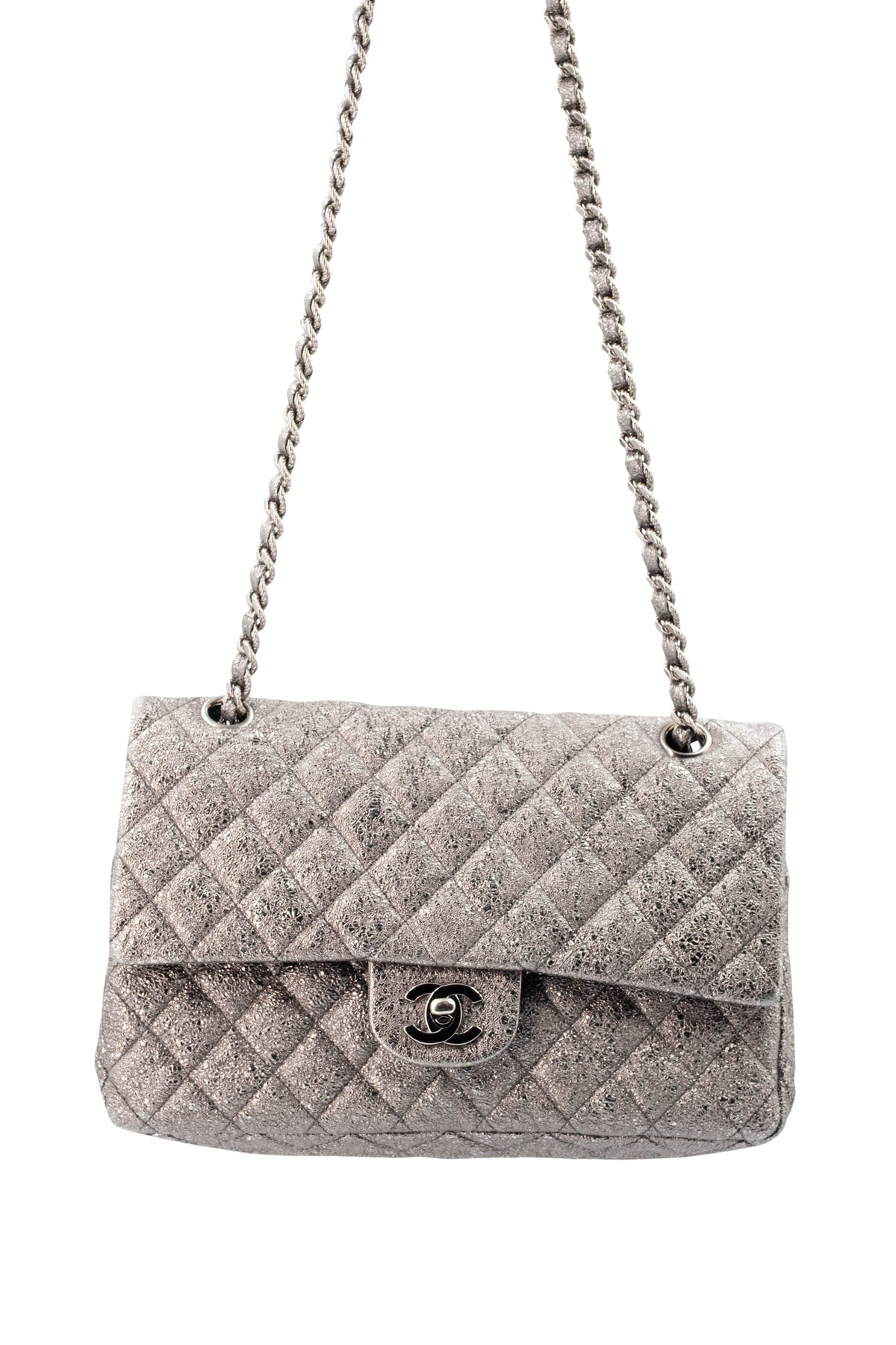 Chanel Silver Metallic Leather Classic Double Flap Purse Size Medium 2006-8