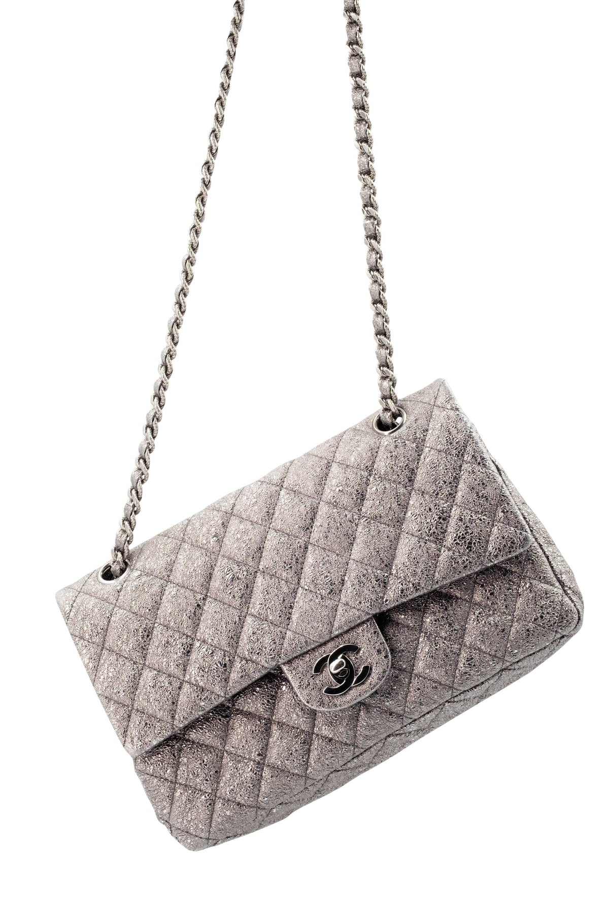 Chanel Silver Metallic Leather Classic Double Flap Purse Size Medium 2006-8