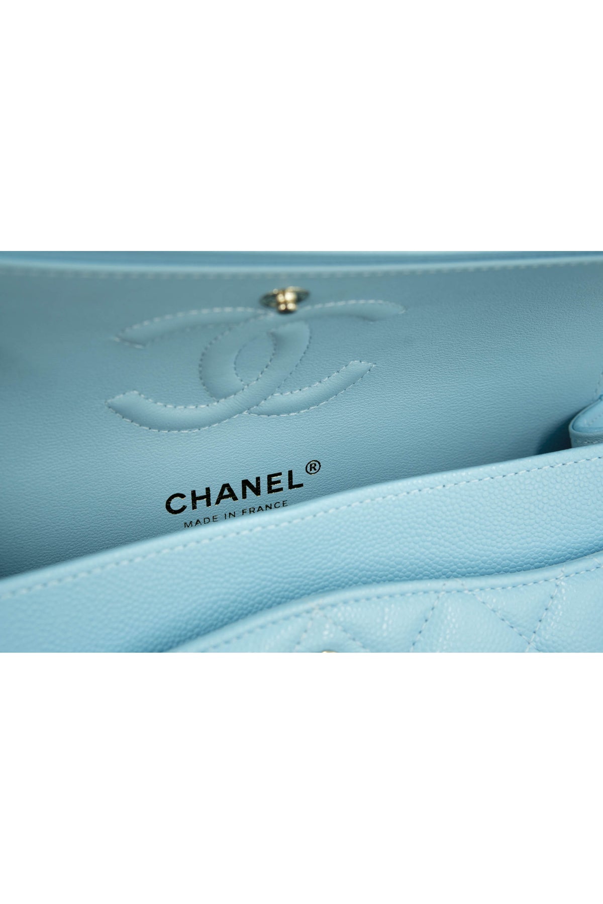 Chanel Sky Blue Double Flap Caviar Leather Purse