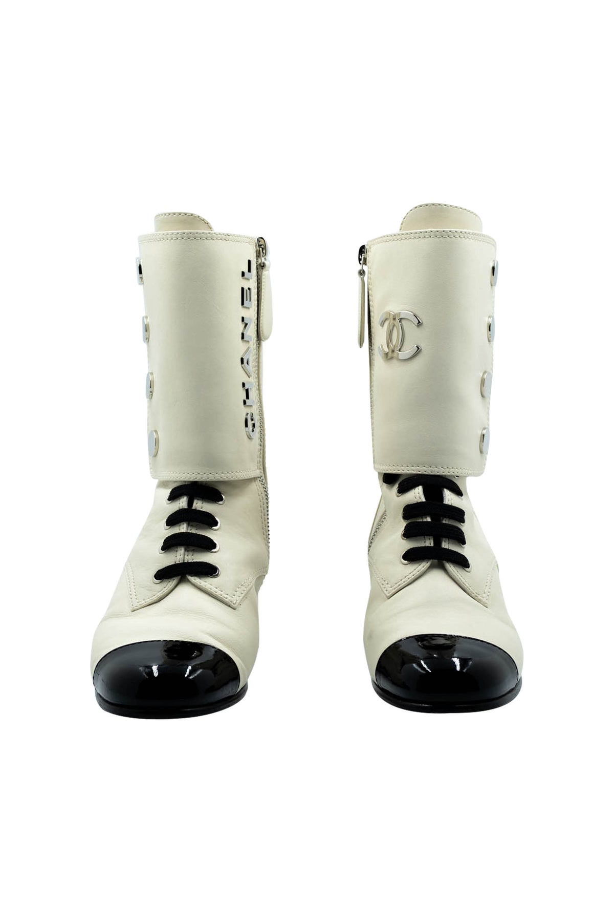 Chanel Bone White Black Patent Cap Toe Size 37.5 2019B