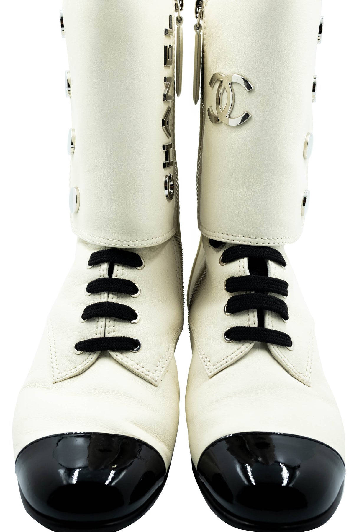 Chanel Bone White Black Patent Cap Toe Size 37.5 2019B