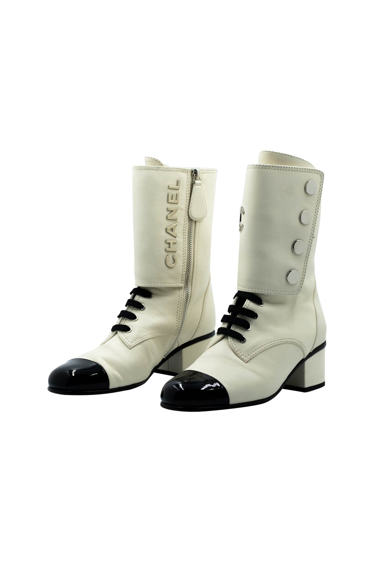 Chanel Bone White Black Patent Cap Toe Size 37.5 2019B