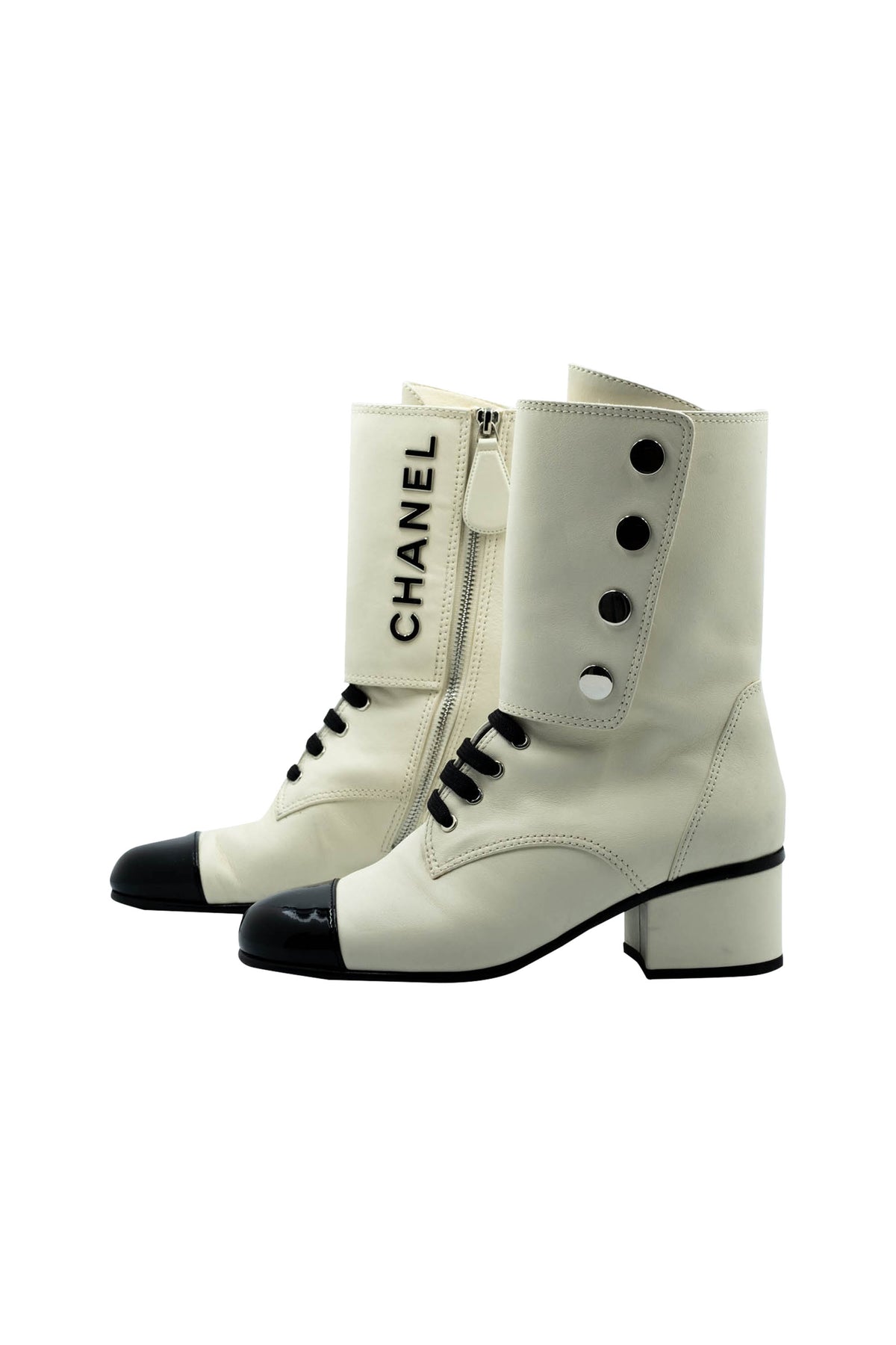 Chanel Bone White Black Patent Cap Toe Size 37.5 2019B