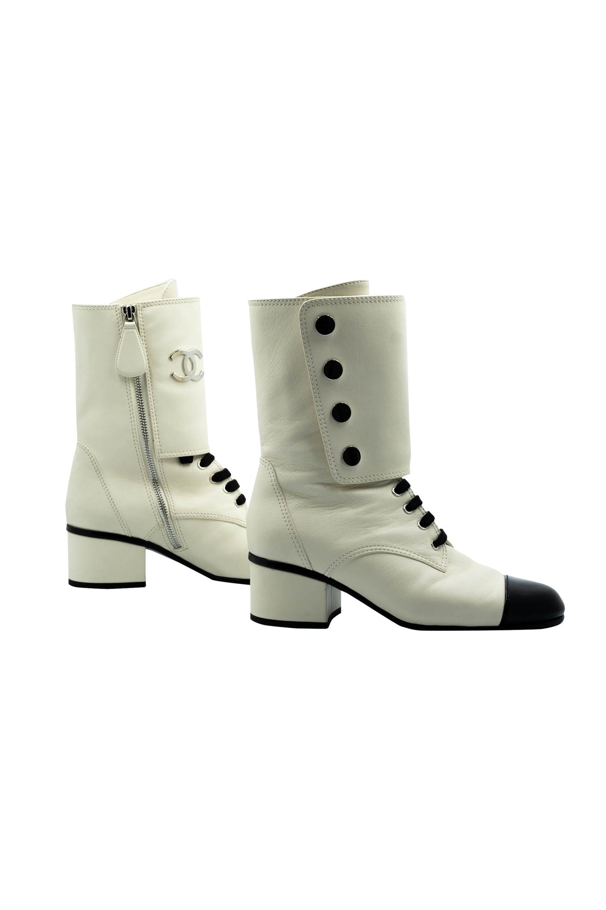 Chanel Bone White Black Patent Cap Toe Size 37.5 2019B