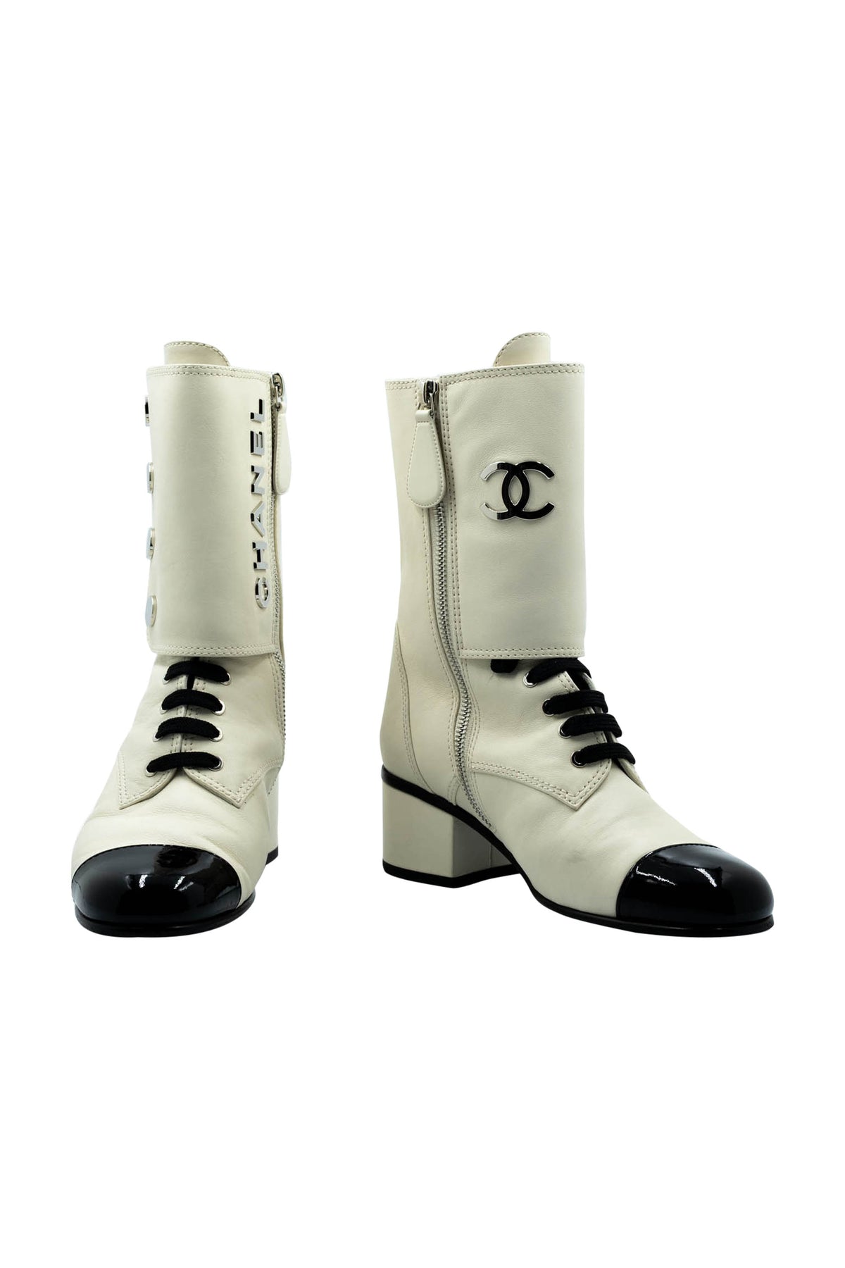Chanel Bone White Black Patent Cap Toe Size 37.5 2019B
