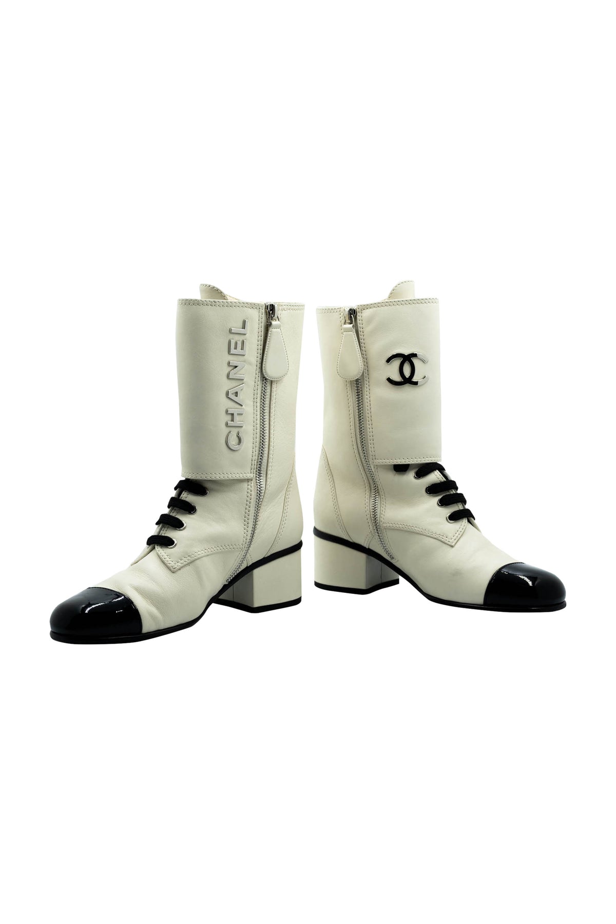 Chanel Bone White Black Patent Cap Toe Size 37.5 2019B