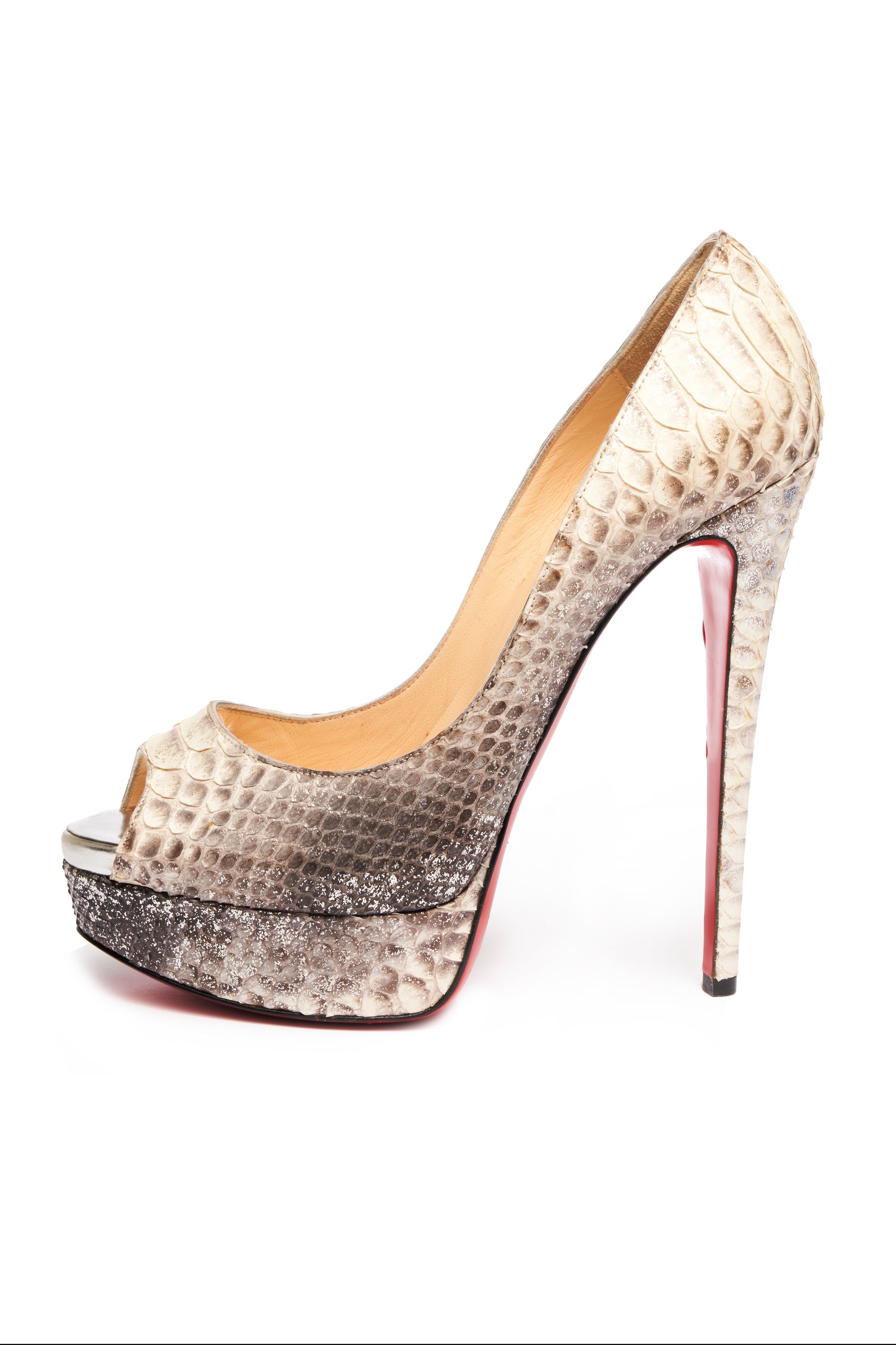 Louboutin Snake Skin Red Bottom Peep Toe Foxy Couture Carmel