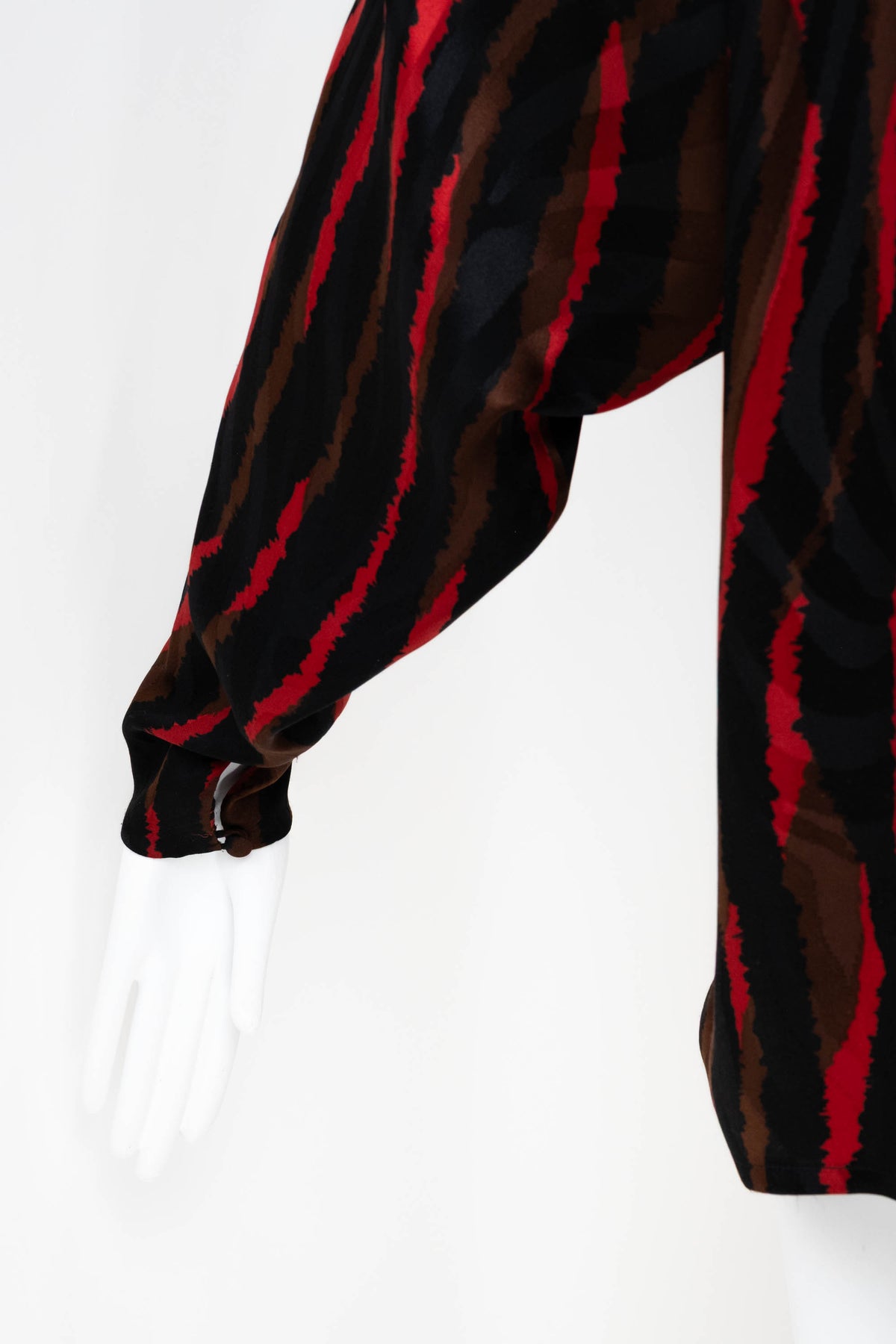 Christian Dior Black Red Brown Silk Tie Neck Dolman Sleeve Blouse 1970s Size M