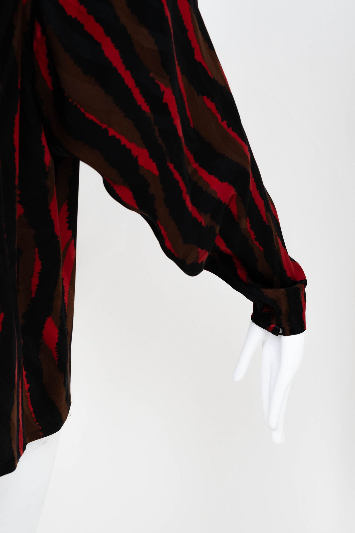 Christian Dior Black Red Brown Silk Tie Neck Dolman Sleeve Blouse 1970s Size M