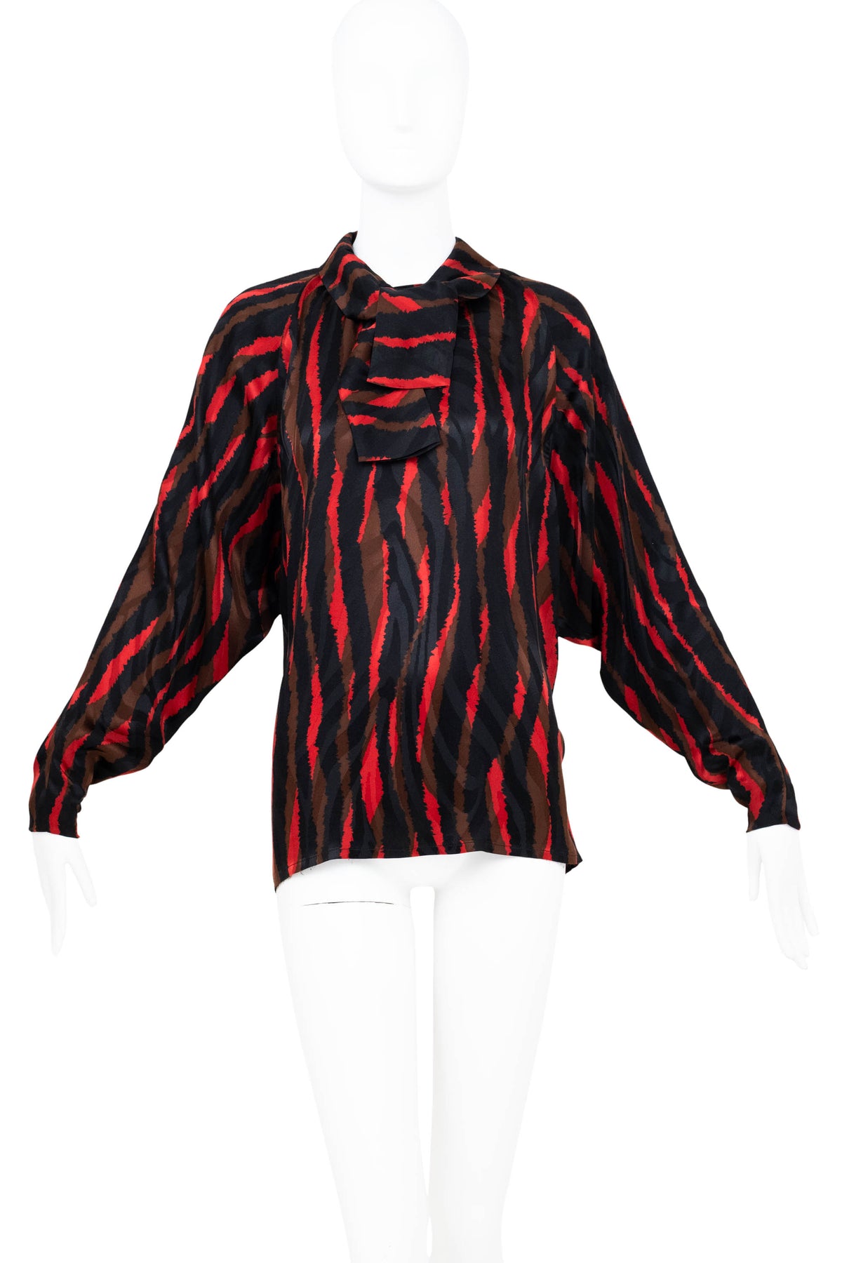 Christian Dior Black Red Brown Silk Tie Neck Dolman Sleeve Blouse 1970s Size M