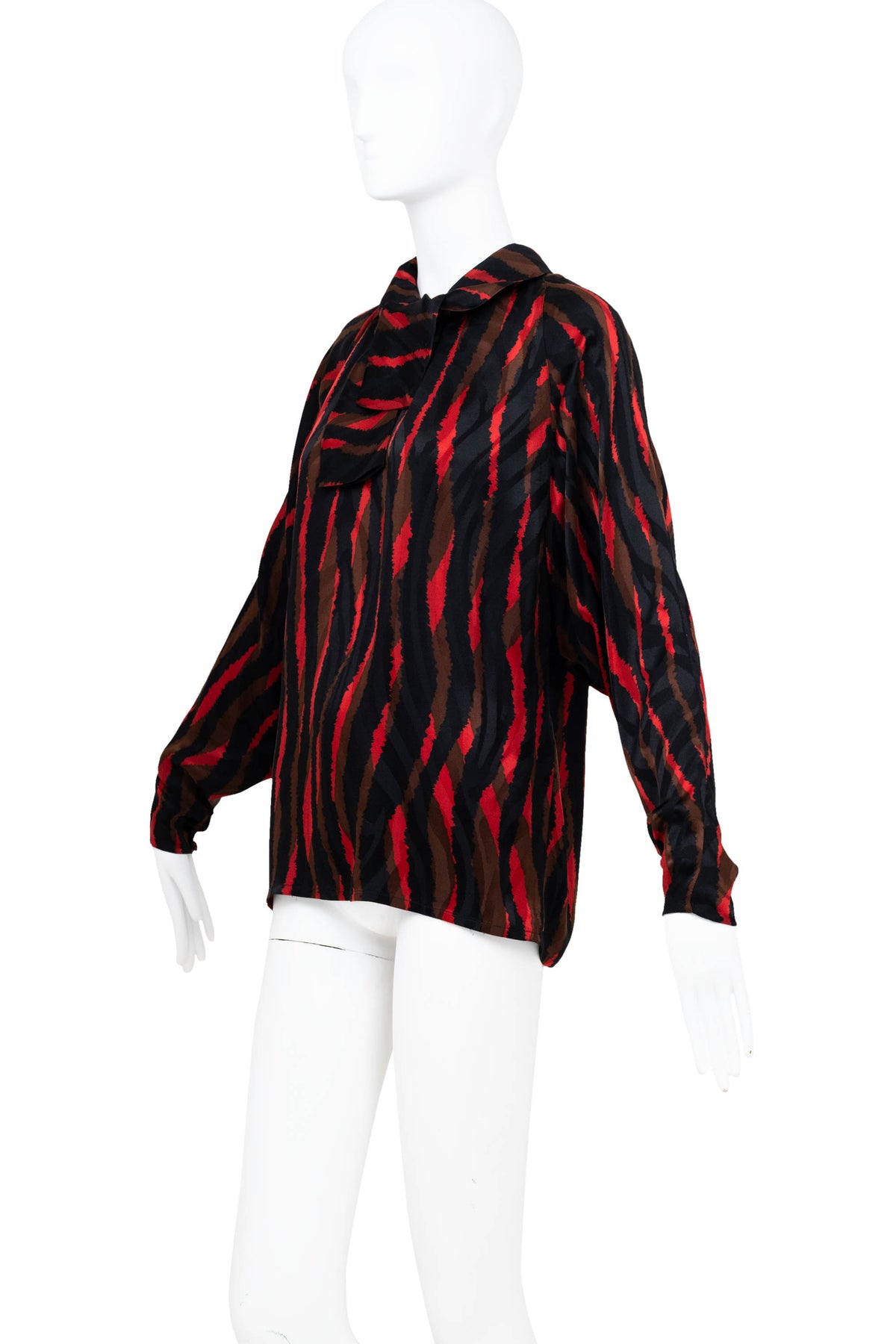 Christian Dior Black Red Brown Silk Tie Neck Dolman Sleeve Blouse 1970s Size M