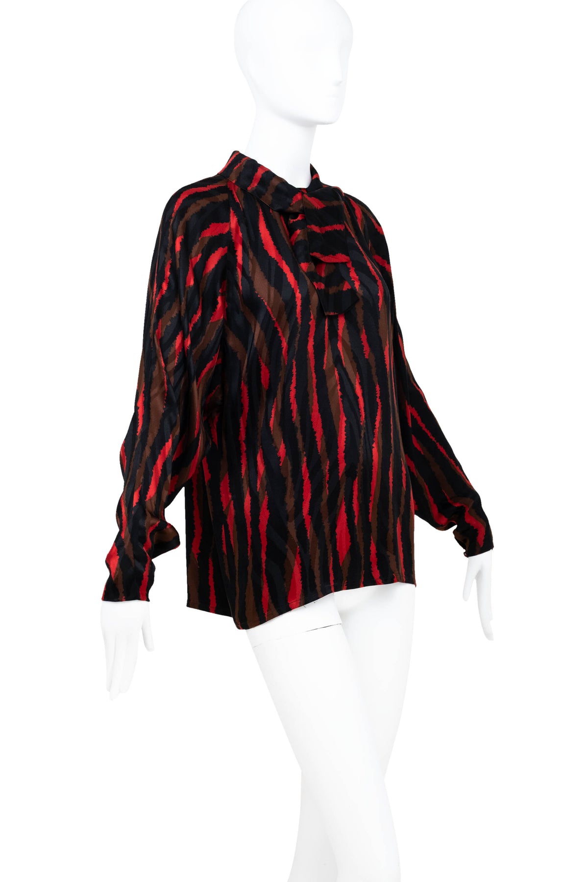 Christian Dior Black Red Brown Silk Tie Neck Dolman Sleeve Blouse 1970s Size M