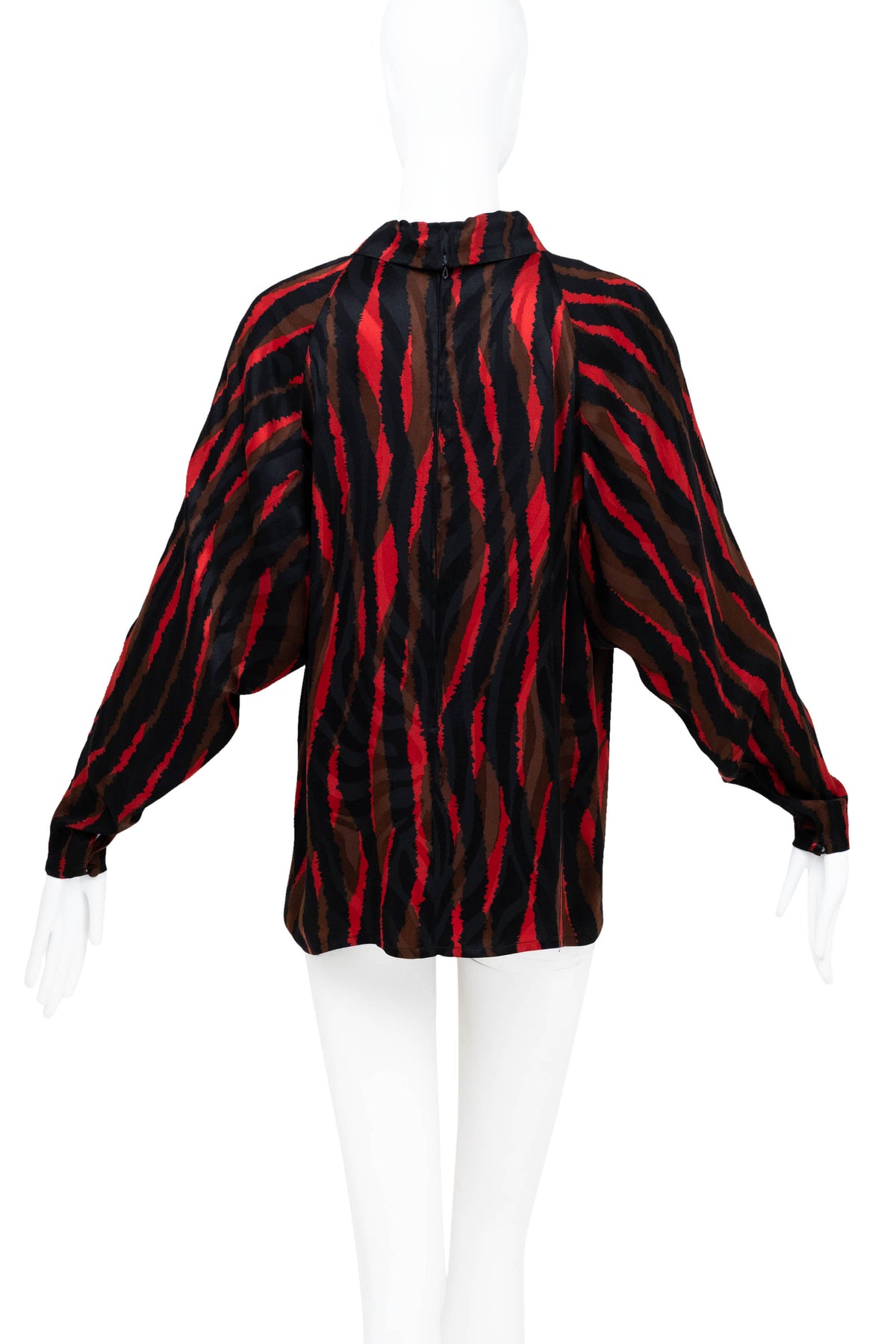 Christian Dior Black Red Brown Silk Tie Neck Dolman Sleeve Blouse 1970s Size M