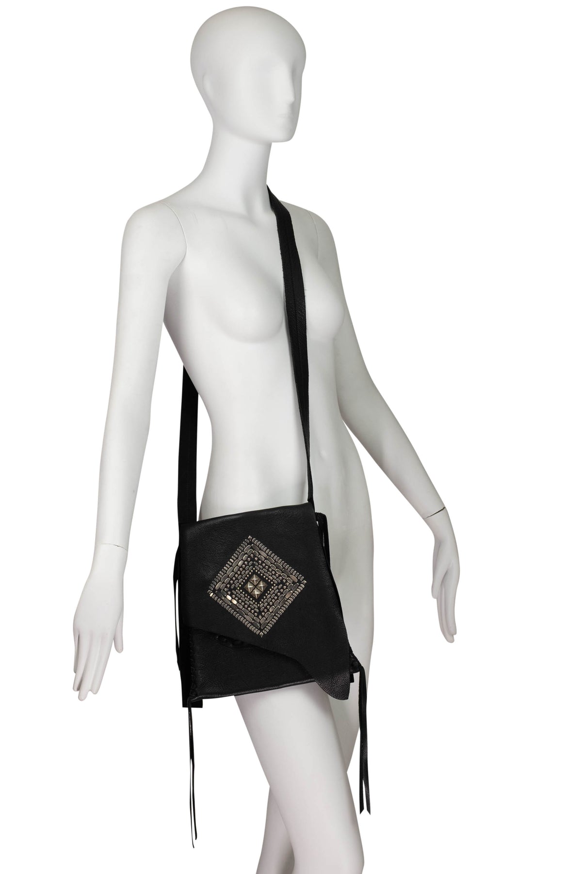 Colleen Cordero Black Leather Studded Shoulder Bag Size Medium