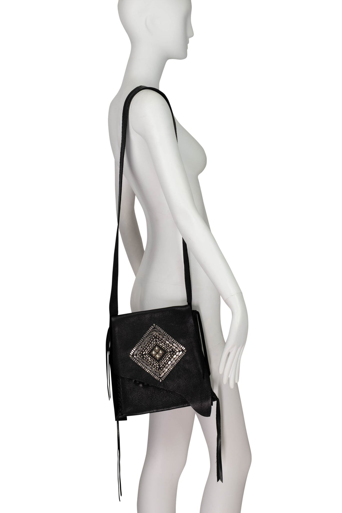 Colleen Cordero Black Leather Studded Shoulder Bag Size Medium