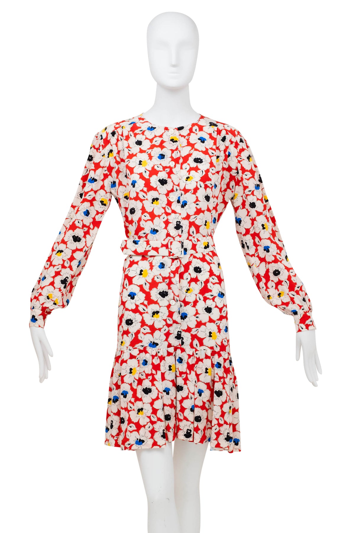 Christian Dior Coordonnes White Poppy Print Drop Waist Dress 1980's Size 40/8
