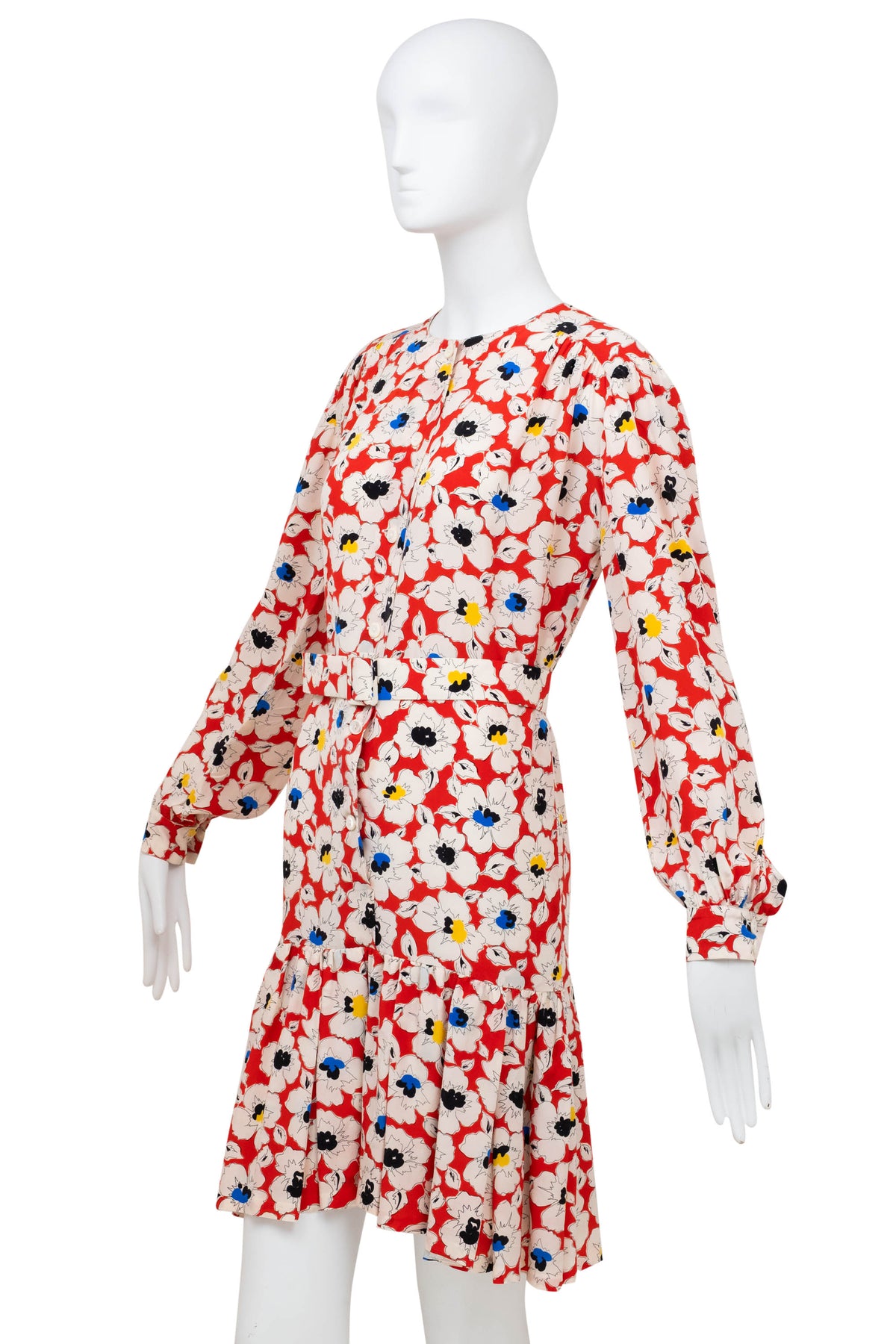 Christian Dior Coordonnes White Poppy Print Drop Waist Dress 1980's Size 40/8