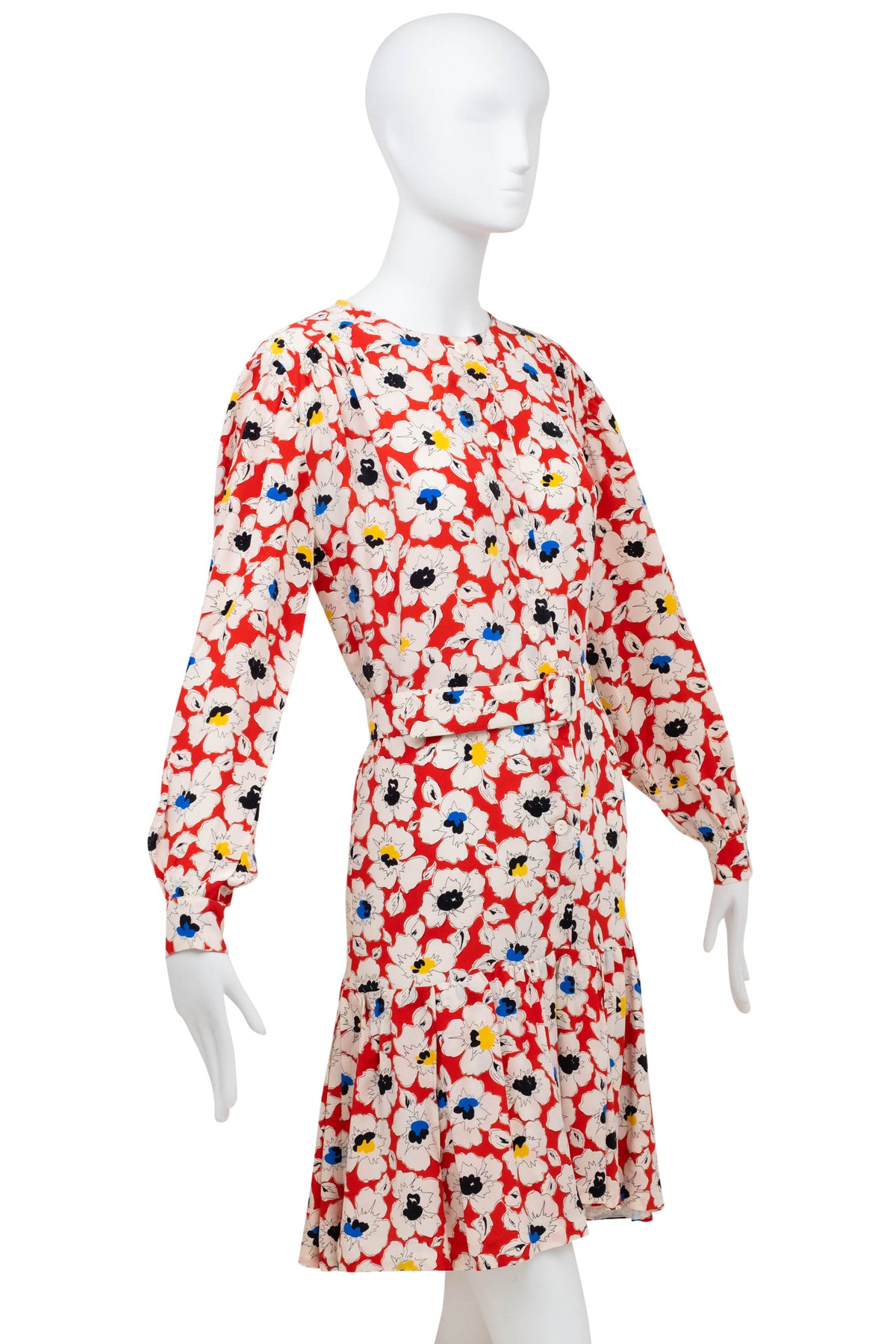 Christian Dior Coordonnes White Poppy Print Drop Waist Dress 1980's Size 40/8
