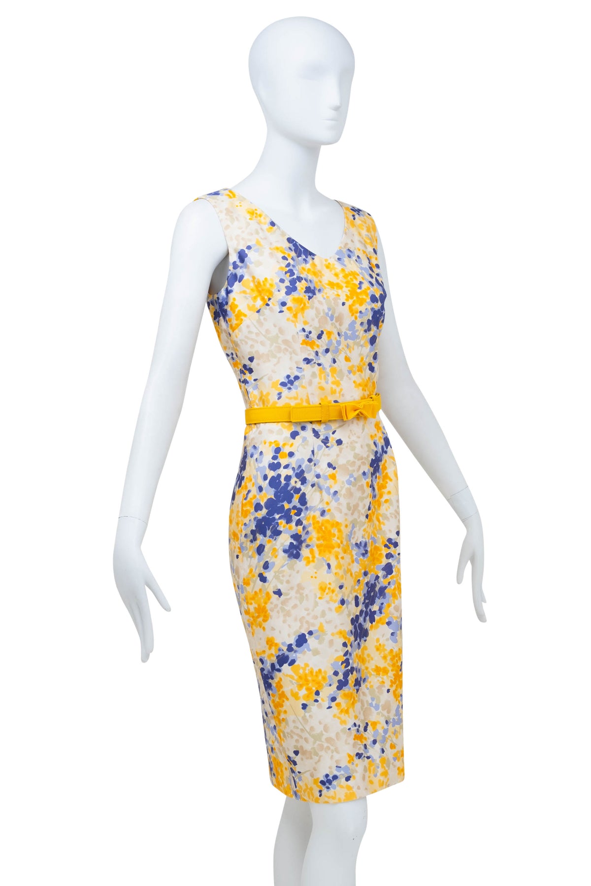 Christian Dior Yellow and Purple Floral Belted Sleeveless Dress 2008&nbsp; Size 6&nbsp;