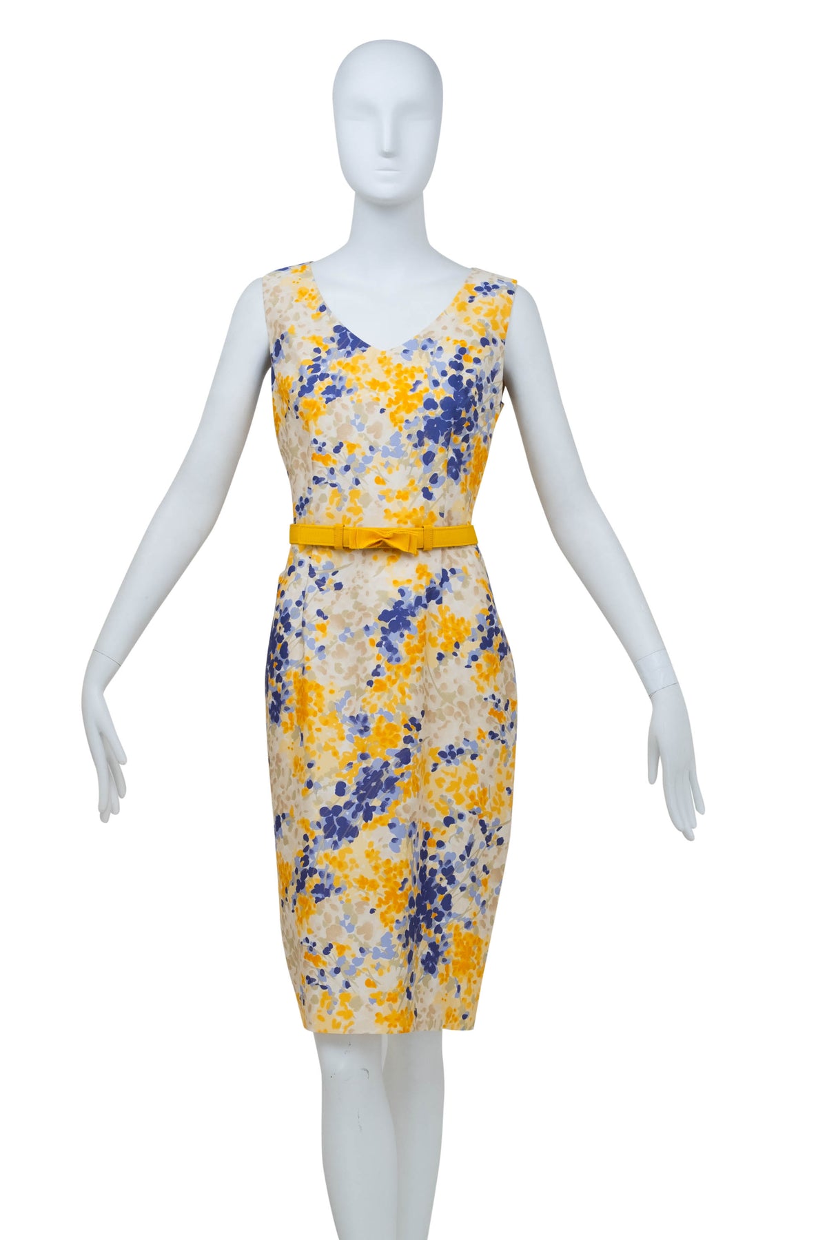 Christian Dior Yellow and Purple Floral Belted Sleeveless Dress 2008&nbsp; Size 6&nbsp;