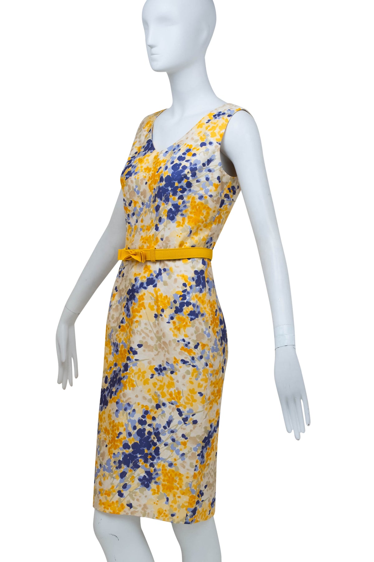 Christian Dior Yellow and Purple Floral Belted Sleeveless Dress 2008&nbsp; Size 6&nbsp;