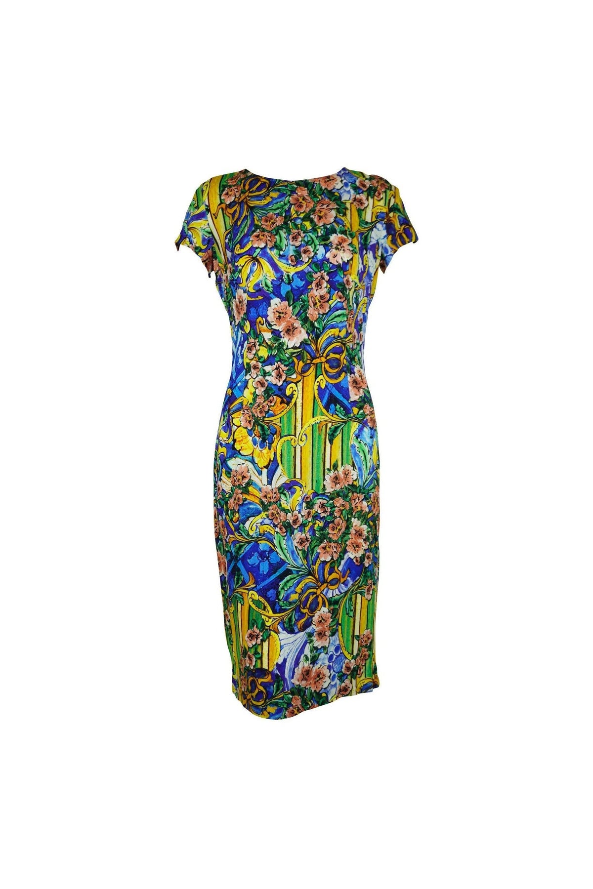 Dolce &amp; Gabbana Blue and Yellow Sicilian Crepe Dress Sz 44/8