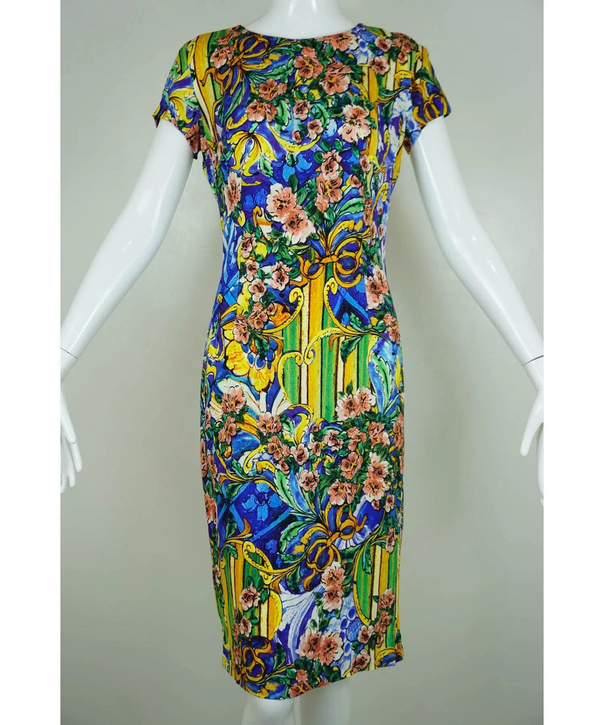 Dolce &amp; Gabbana Blue and Yellow Sicilian Crepe Dress Sz 44/8