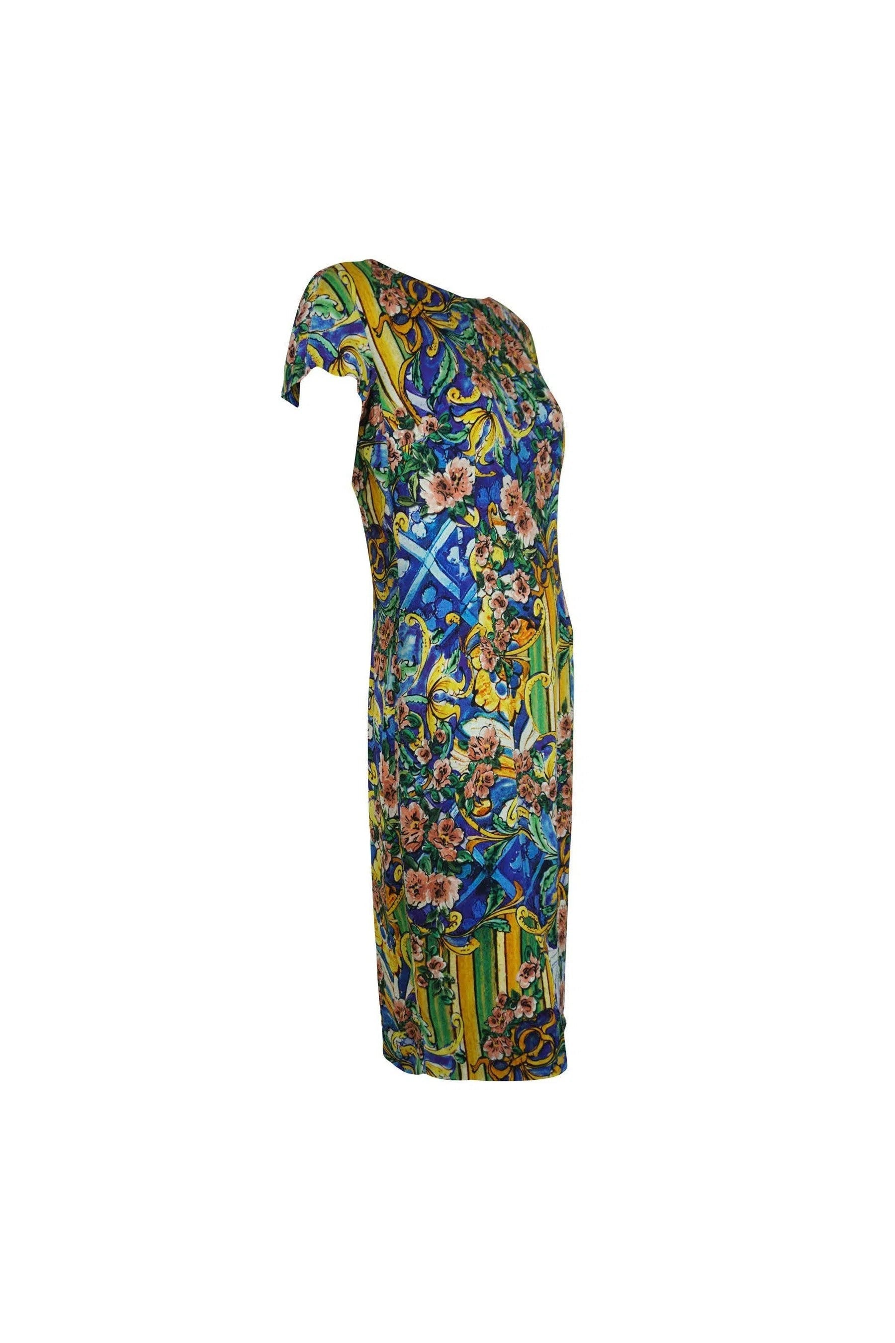 Dolce & Gabbana Blue and Yellow Sicilian Crepe Dress Sz 44/8 - Foxy Couture Carmel