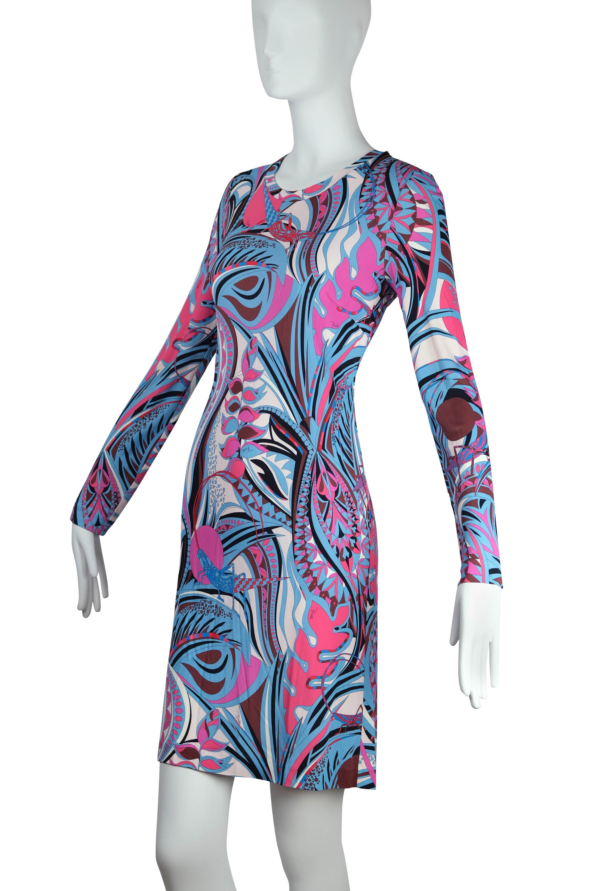 pucci pink dress Emilio Pucci Pink Blue Long Sleeve Jersey Butterfly Grasshopper Print