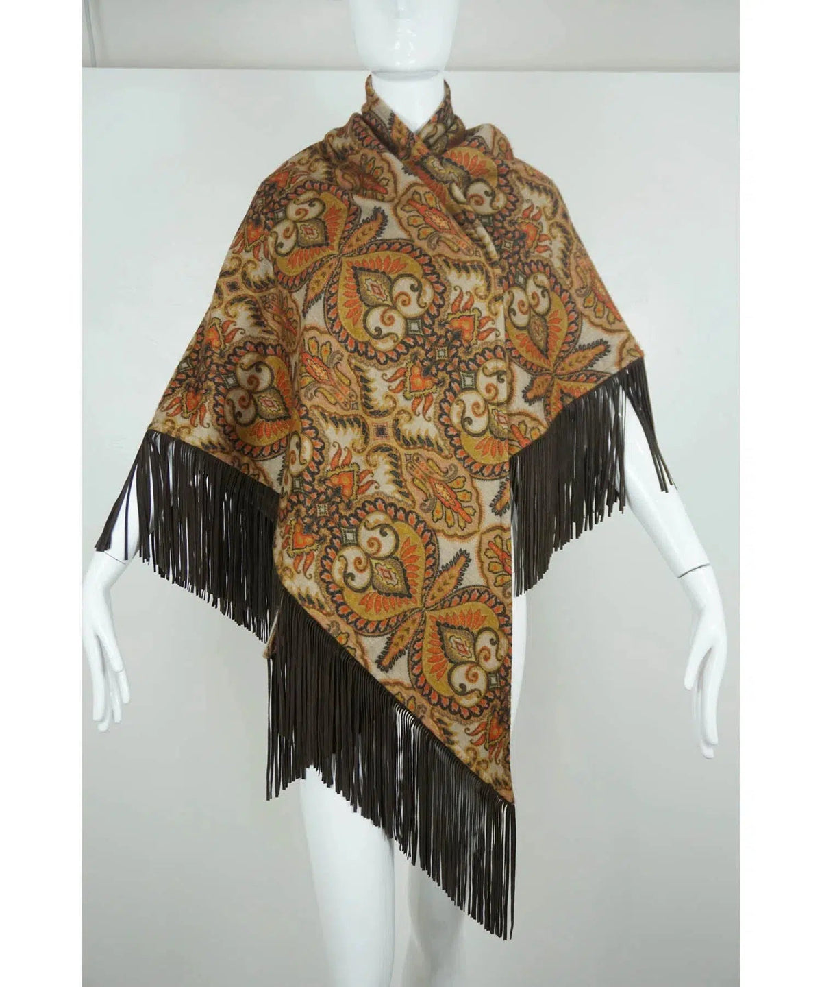 Etro Cashmere Print Cape Leather Fringe One Size