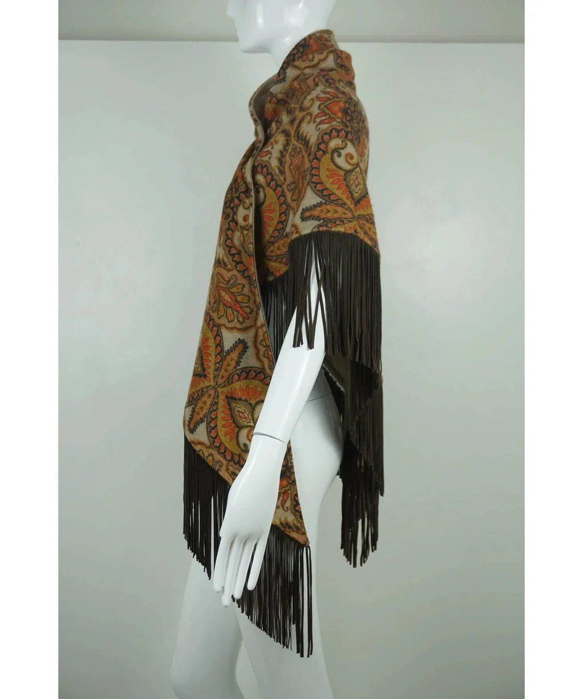 Etro Cashmere Print Cape Leather Fringe One Size