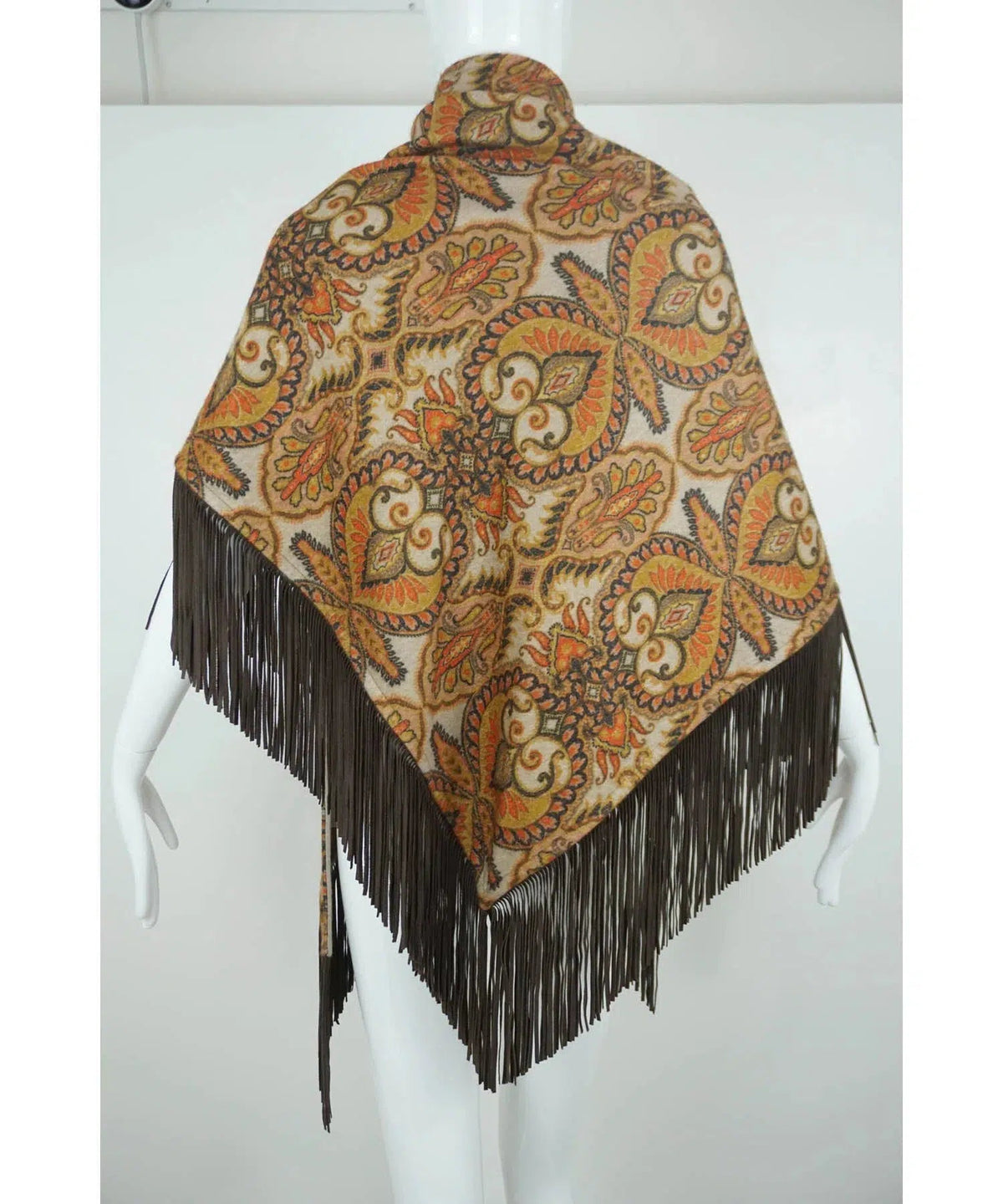 Etro Cashmere Print Cape Leather Fringe One Size