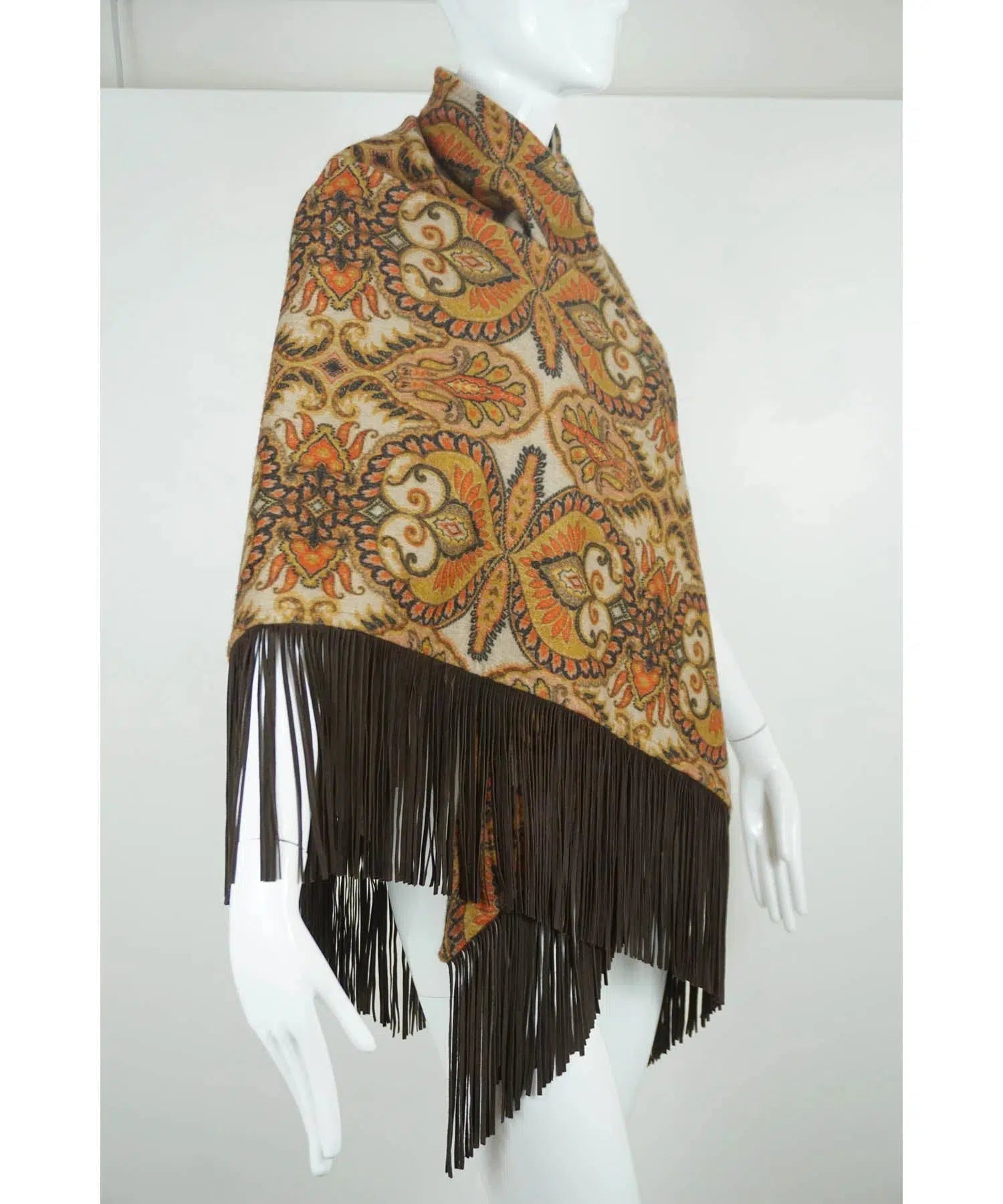 Etro Cashmere Print Cape Leather Fringe One Size - Foxy Couture Carmel Etro Cashmere Print Cape Leather Fringe One Size - Foxy Couture Carmel