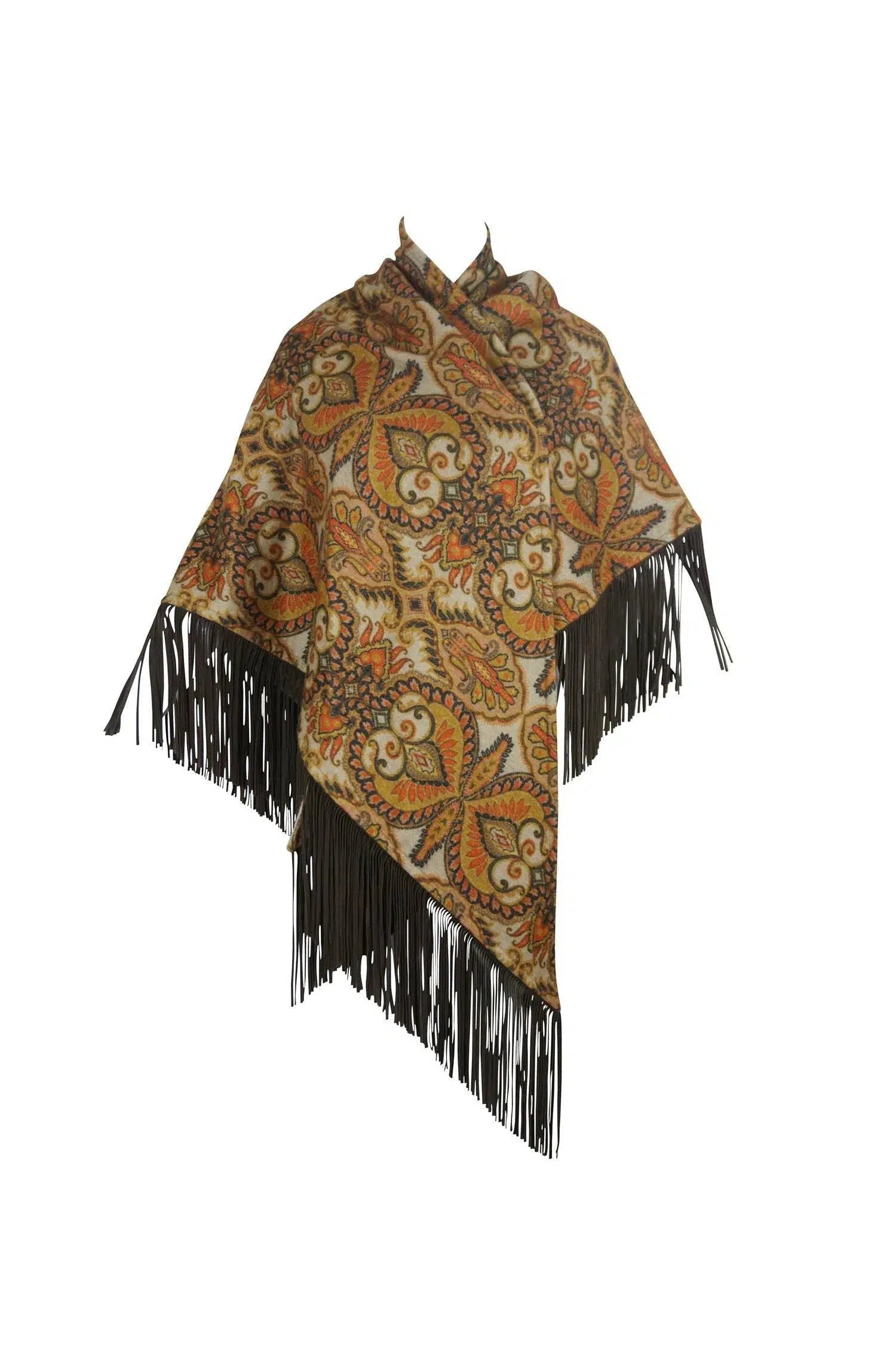 Etro Cashmere Print Cape Leather Fringe One Size - Foxy Couture Carmel Etro Cashmere Print Cape Leather Fringe One Size - Foxy Couture Carmel
