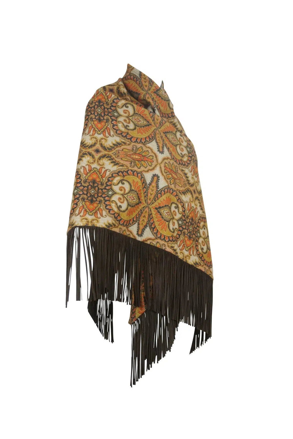 Etro Cashmere Print Cape Leather Fringe One Size